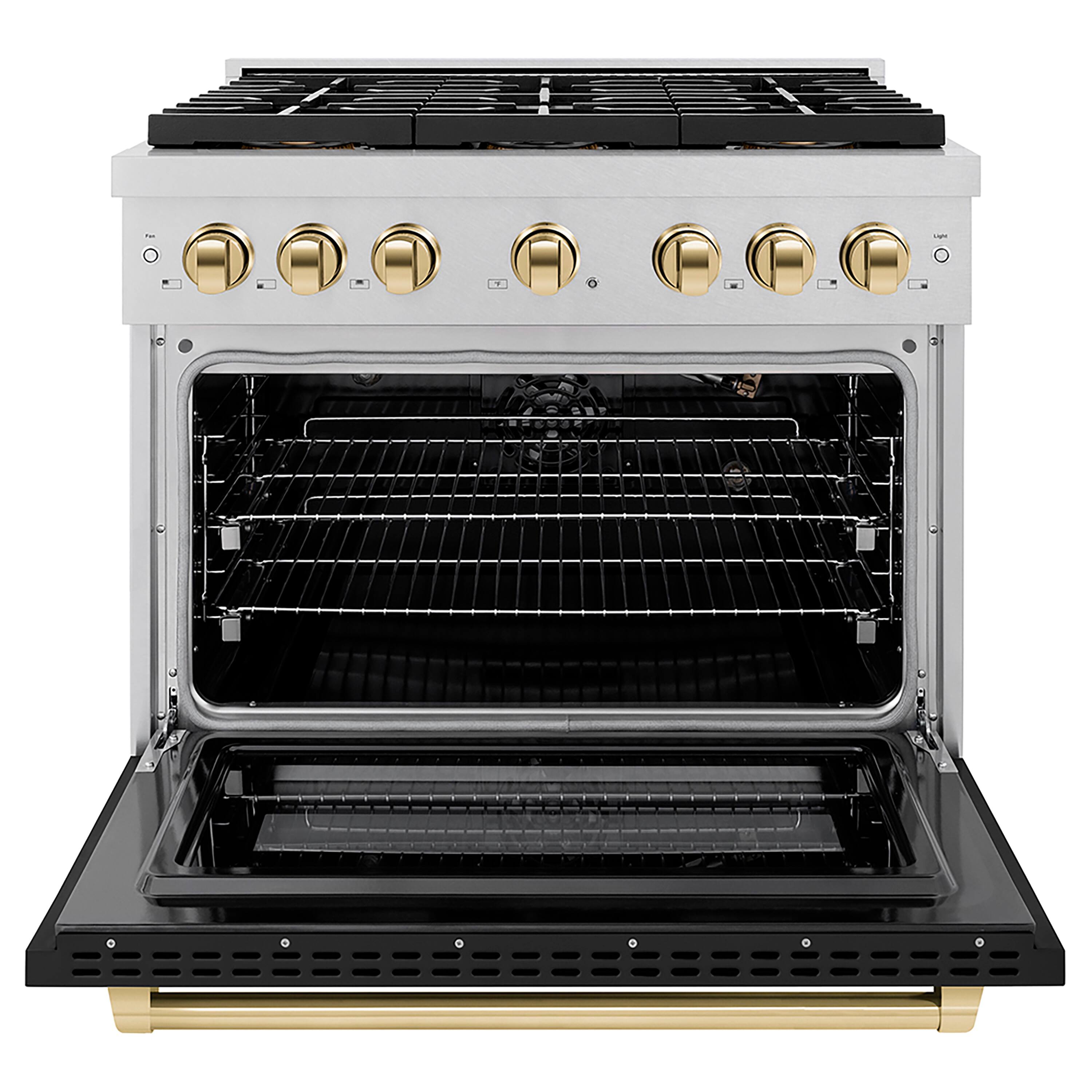 Angle. ZLINE - Autograph 36 in. 5.2 cu. ft. Freestanding Paramount Gas DuoPro Range in Satin Steel with Black Door and Gold Accents - Black Matte.