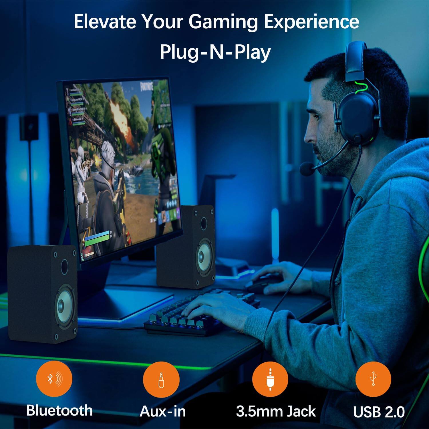 Elevate Your Gaming Experience  
Plug-N-Play

Bluetooth  
Aux-in  
3.5mm Jack  
USB 2.0