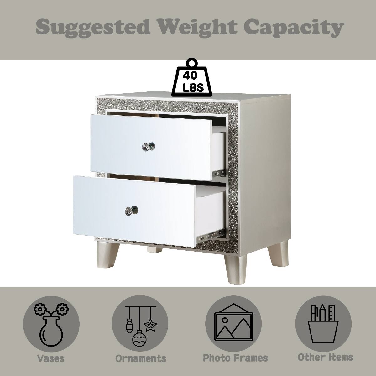 Suggested Weight Capacity
40 LBS

Vases
Ornaments
Photo Frames
Other Items