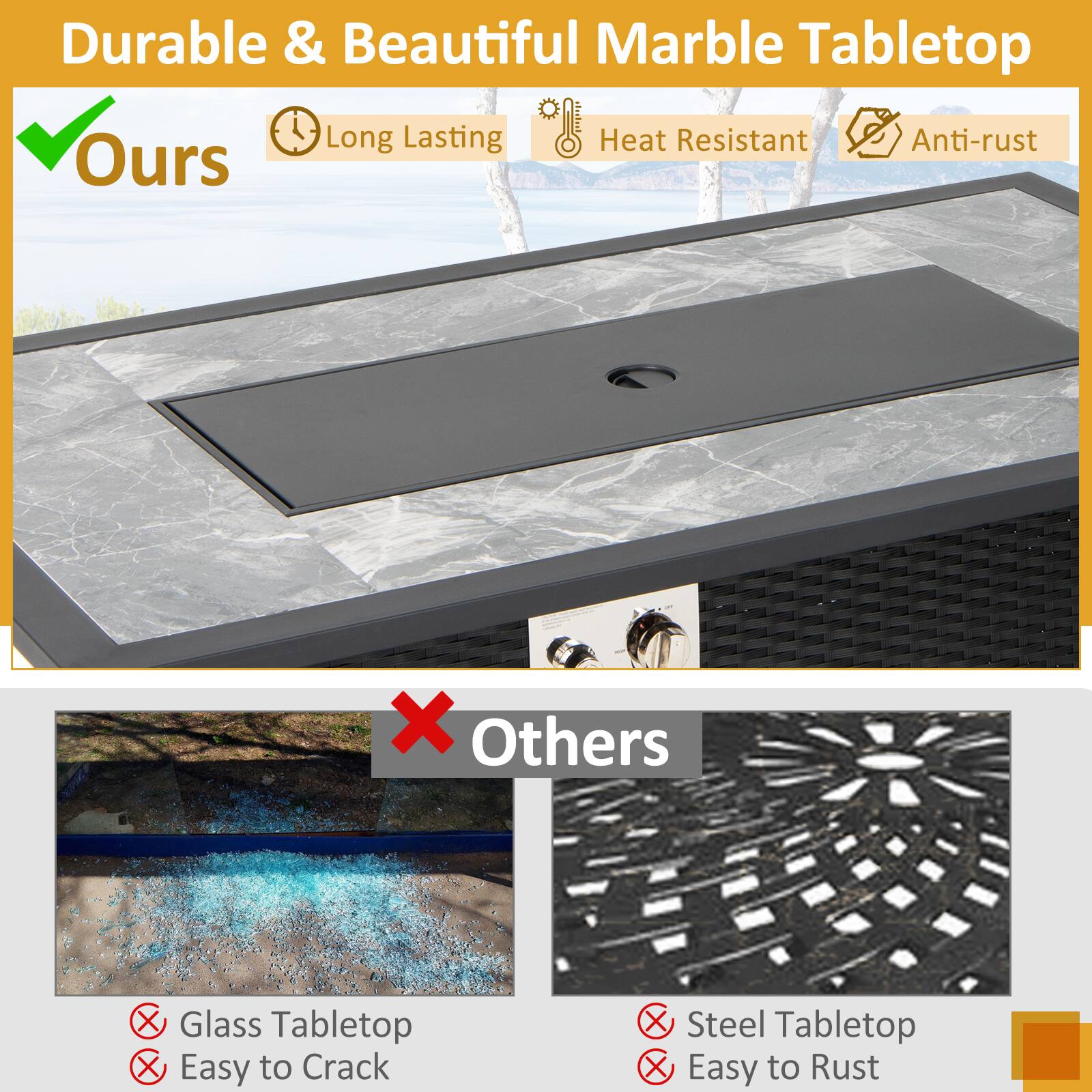 Durable & Beautiful Marble Tabletop

Ours
- Long Lasting
- Heat Resistant
- Anti-rust

Others
- Glass Tabletop
  - Easy to Crack
- Steel Tabletop
  - Easy to Rust