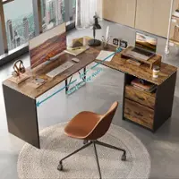 Bestier 55" L-Shaped Gaming Desk with Drawers and File Cabinet Farmhouse-Style Computer Desk - Brown - Front_Zoom