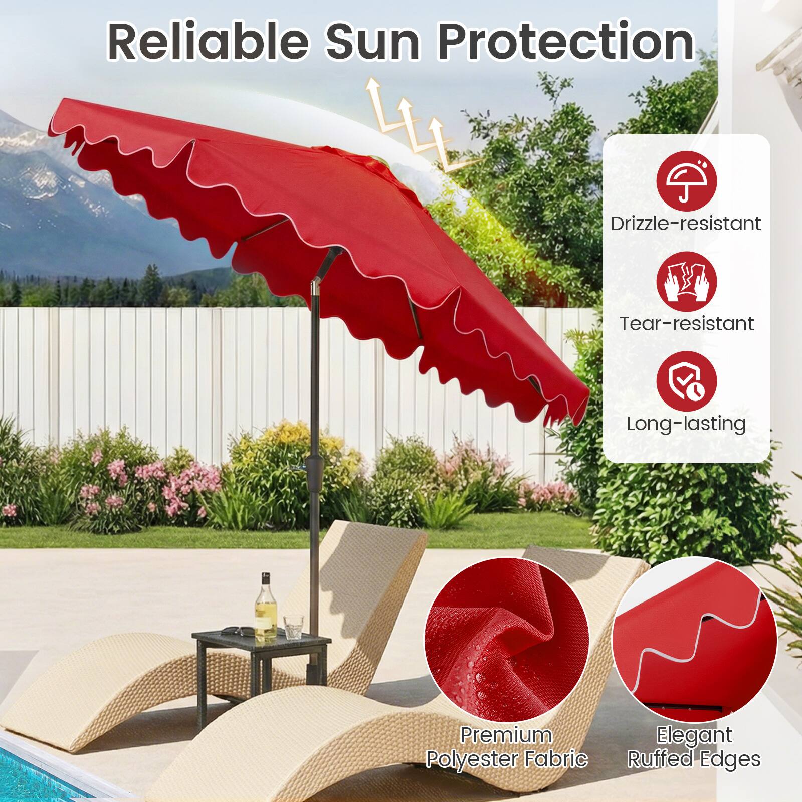 Reliable Sun Protection  
Drizzle-resistant  
Tear-resistant  
Long-lasting  
Premium Polyester Fabric  
Elegant Ruffled Edges