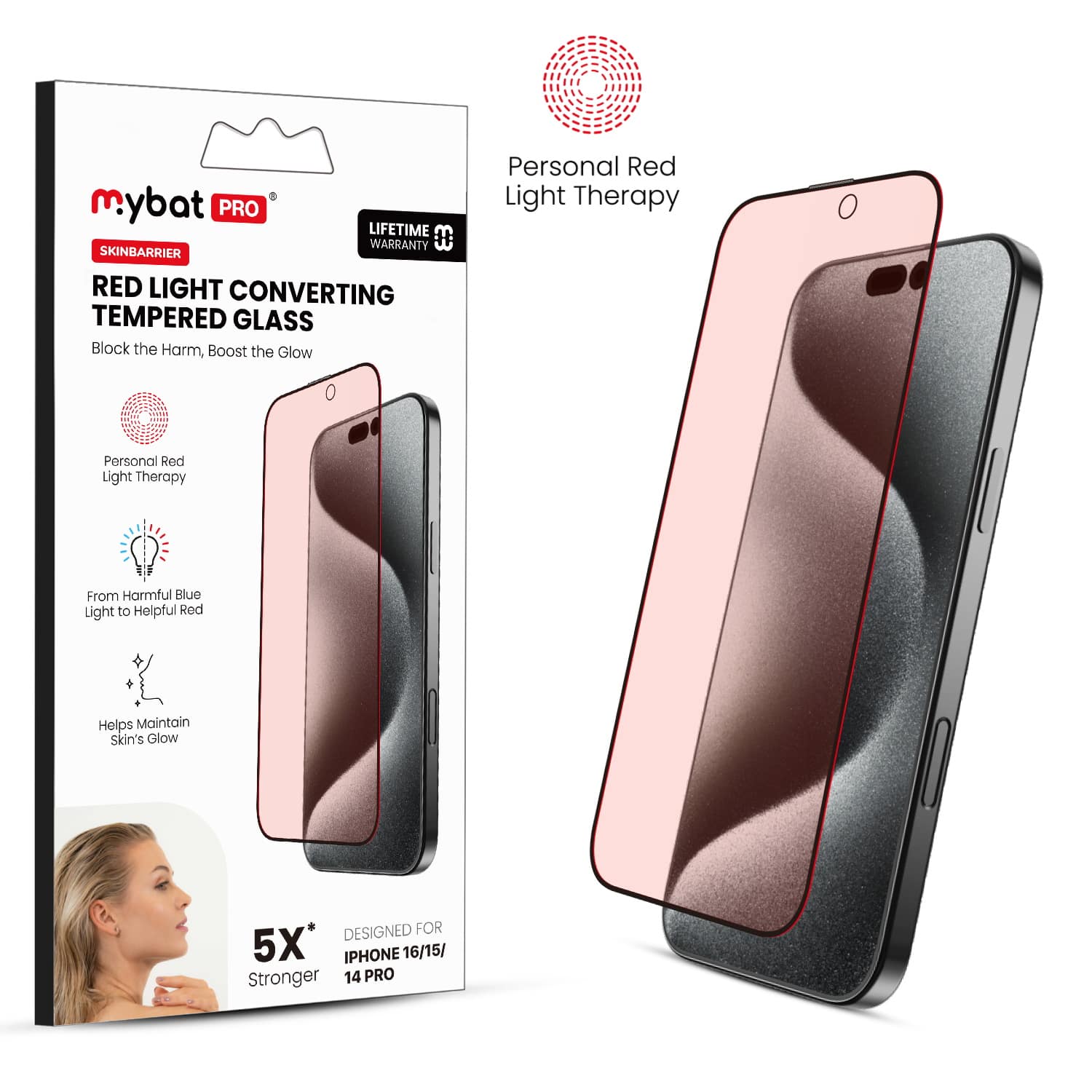 Mybat Pro - SkinBarrier Red Light Converting Tempered Glass Screen Protector for Apple iPhone 16/iPhone 15 / 14 Pro - Red - Clear