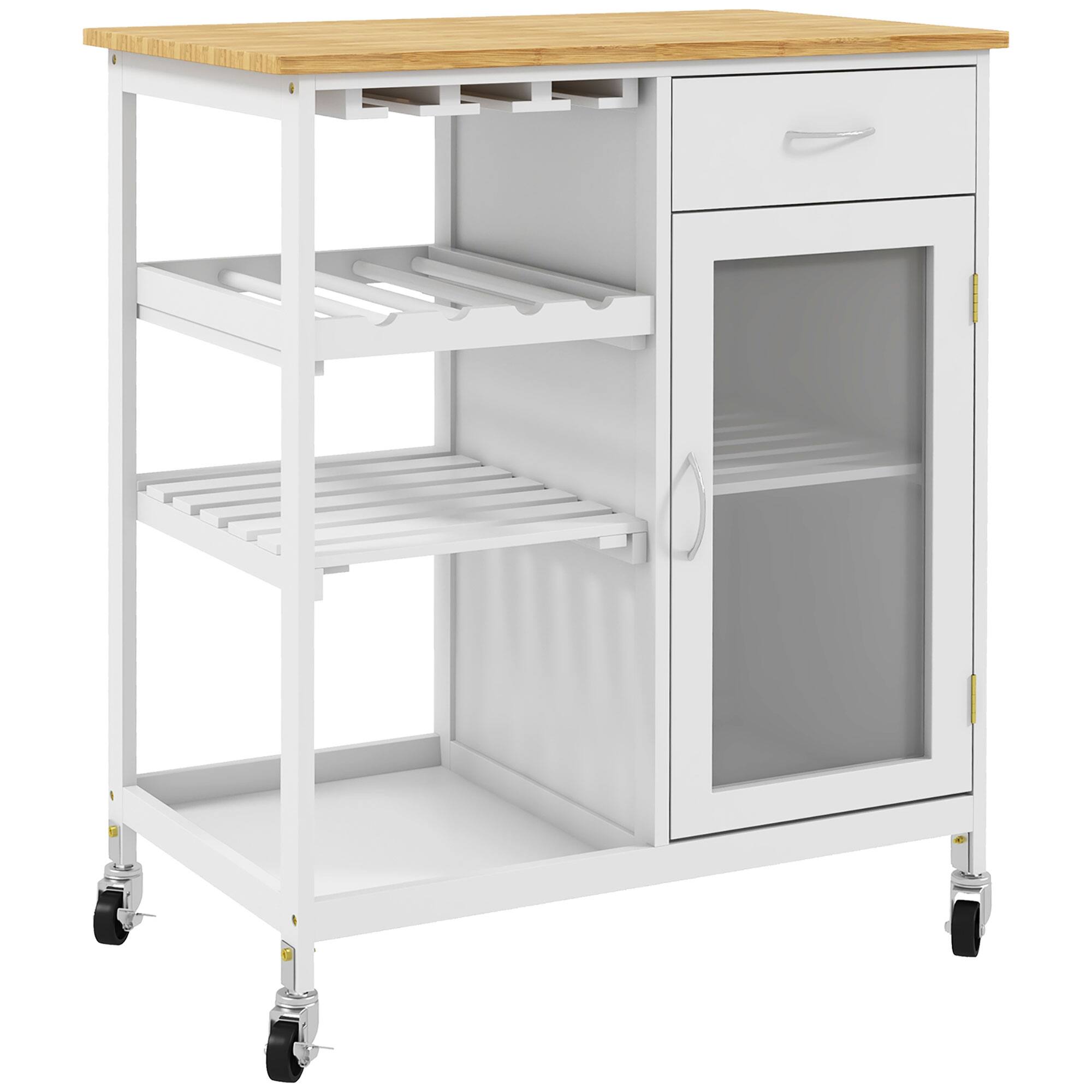 Front. Durhand - Rolling Kitchen Island with Storage, 4-Bottle Wine Rack, Bar Cart with Stemware Holder, Shelves, Drawer & Cabinet - white.