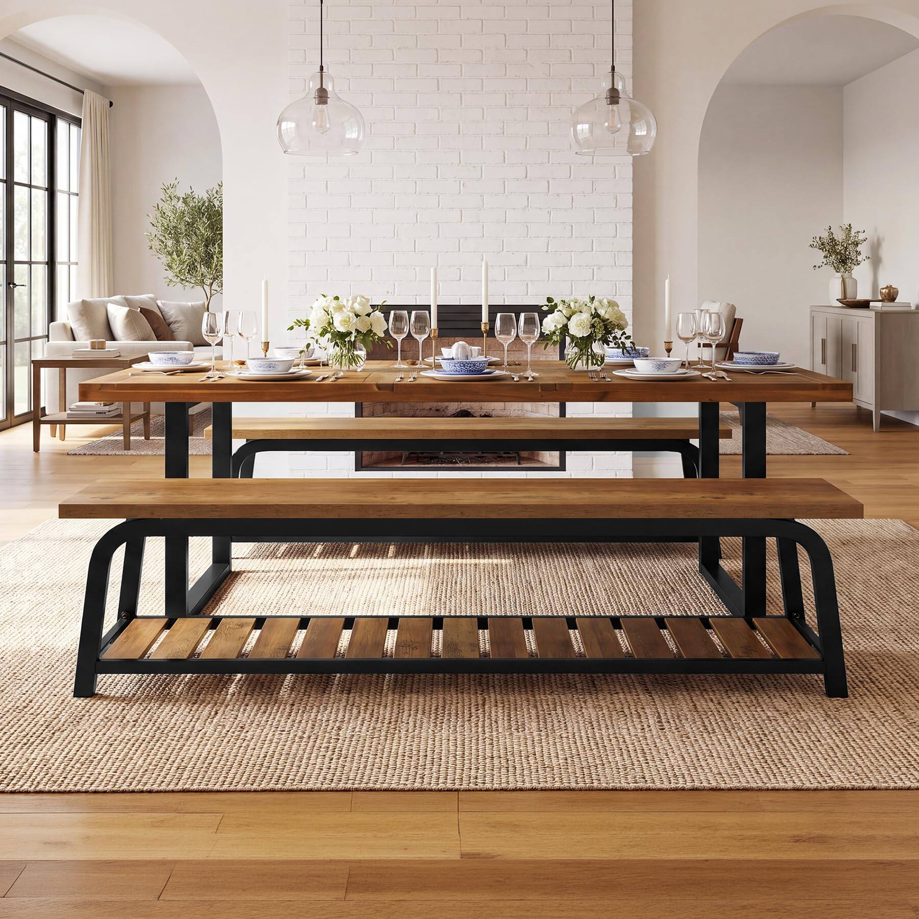 Alt View 2. Tribesigns - 63-Inch Industrial Dining Bench, 2-Tier Long Kitchen Bench - Brown & Black.