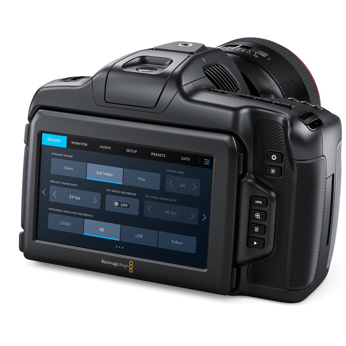 RECORD MONITOR AUDIO SETUP PRESETS LUTS  
DYNAMIC RANGE  
Video Ext Video Film  
SENSOR AREA  
PROJECT FRAME RATE  
6K  
OFF SPEED  
24 fps  
OFF SPEED FRAME RATE  
60 fps  
PREFERRED MEDIA FOR RECORDING  
CFAST SD USB  
Fullest  
Blackmagicdesign  
HFR