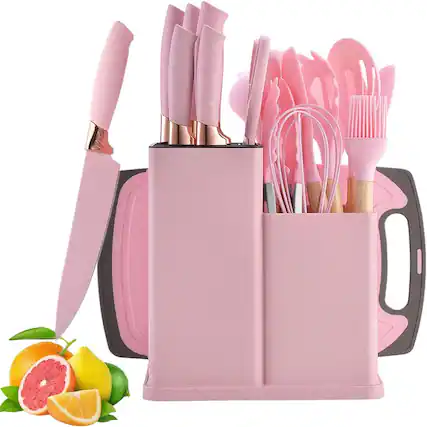 Front. RTMB - Nine silicone cooking utensils, five sharp stainless steel chef knives - pink.