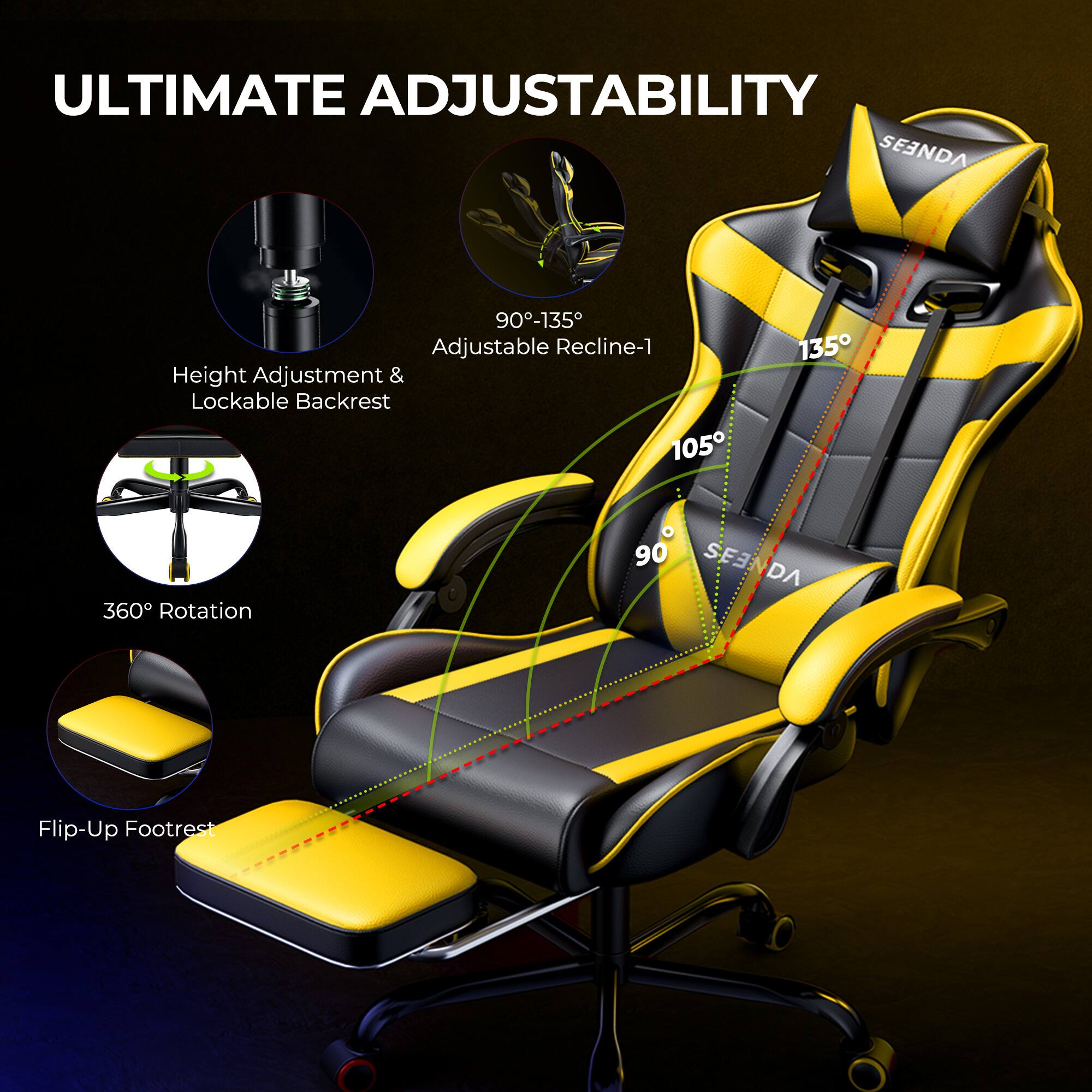 ULTIMATE ADJUSTABILITY

- 90°-135° Adjustable Recline-1
- Height Adjustment & Lockable Backrest
- 360° Rotation
- Flip-Up Footrest