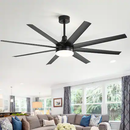 Front. Breezary - 65-Inch Ceiling Fan with 8 ABS Blades, 6-Speed DC Motor, Remote Control with Timer, 2 Downrods, Light/No-Light Options - Black (With Light).