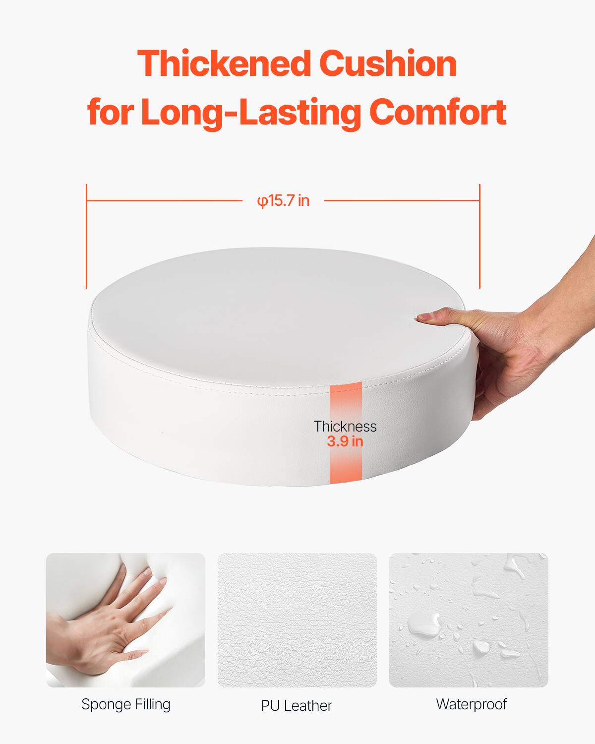 Thickened Cushion for Long-Lasting Comfort, 15.7in, Thickness 3.9in, Sponge Filling, PU Leather, Waterproof