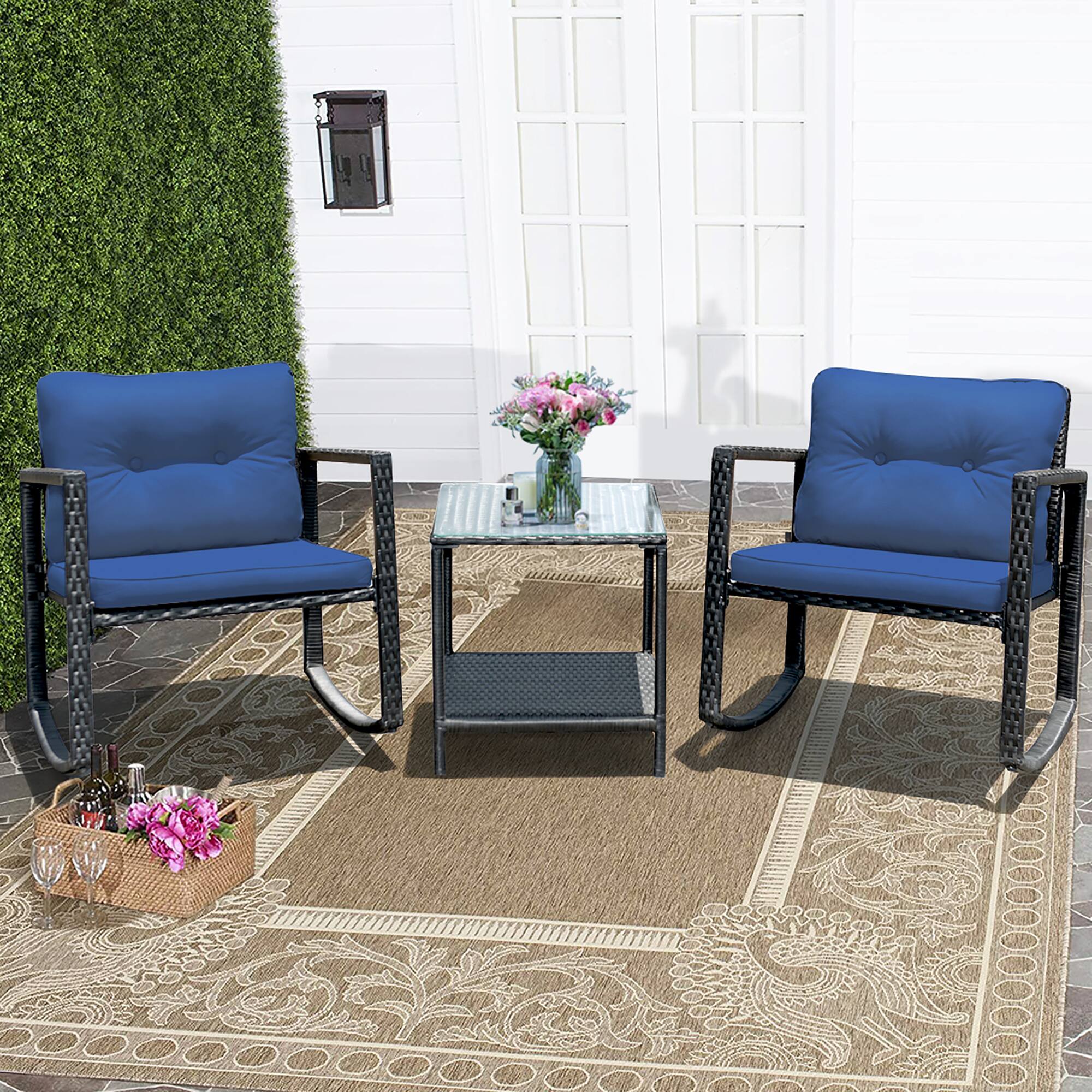 Alt View 7. Costway - 3PCS Patio Rattan Furniture Set Rocking Chairs Cushioned Sofa - Navy.