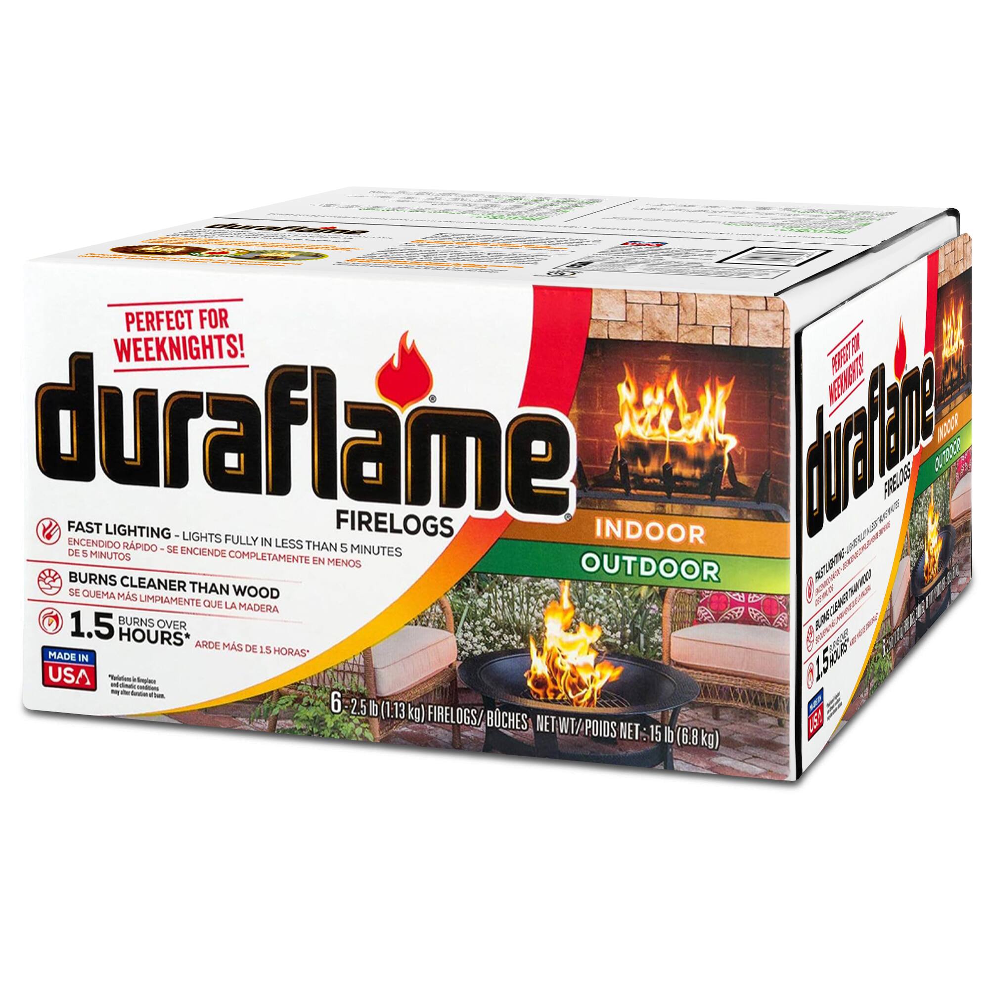 PERFECT FOR WEEK NIGHTS!  
duraflame  
FIRELOGS  
INDOOR OUTDOOR  

FAST LIGHTING - LIGHTS FULLY IN LESS THAN 5 MINUTES  
SE ENCIE NDE RÁPIDO - SE ENCIE NDE COMPLETAMENTE EN MENOS DE 5 MINUTOS  

BURNS CLEANER THAN WOOD  
SE QUEMA MÁS LIMPIAMENTE QUE LA MADERA  

1.5 HOURS*  
ARDE MÁS DE 1.5 HORAS  

MADE IN USA  

6 - 2.5 lb (1.13 kg) FIRELOGS / BOCHES  
NET WT / Poids Net 15 lb (6.8 kg)