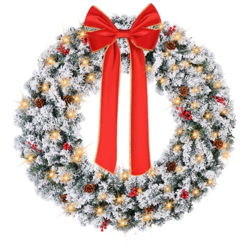 Winado - Christmas Pre-lit Snow Flocked 48in Wreath with LED Lights, DIY Ornaments for Indoor Outdoor Holiday Party Decorations - Snowy Green