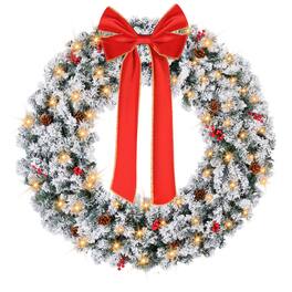 Winado - Christmas Pre-lit Snow Flocked 48in Wreath with LED Lights, DIY Ornaments for Indoor Outdoor Holiday Party Decorations - Snowy Green