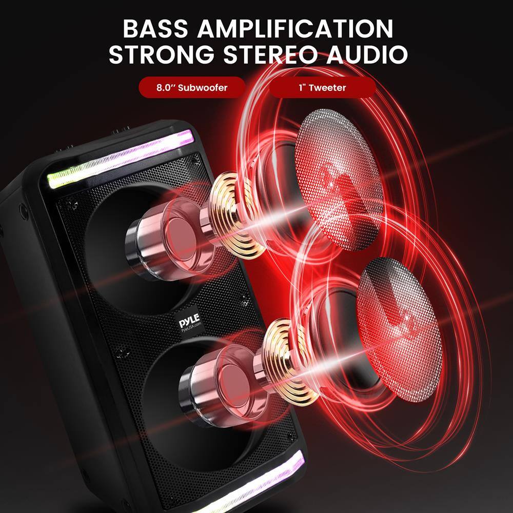 BASS AMPLIFICATION  
STRONG STEREO AUDIO  

8.0" Subwoofer  
1" Tweeter  

PYLE  
PhyMUSA.com