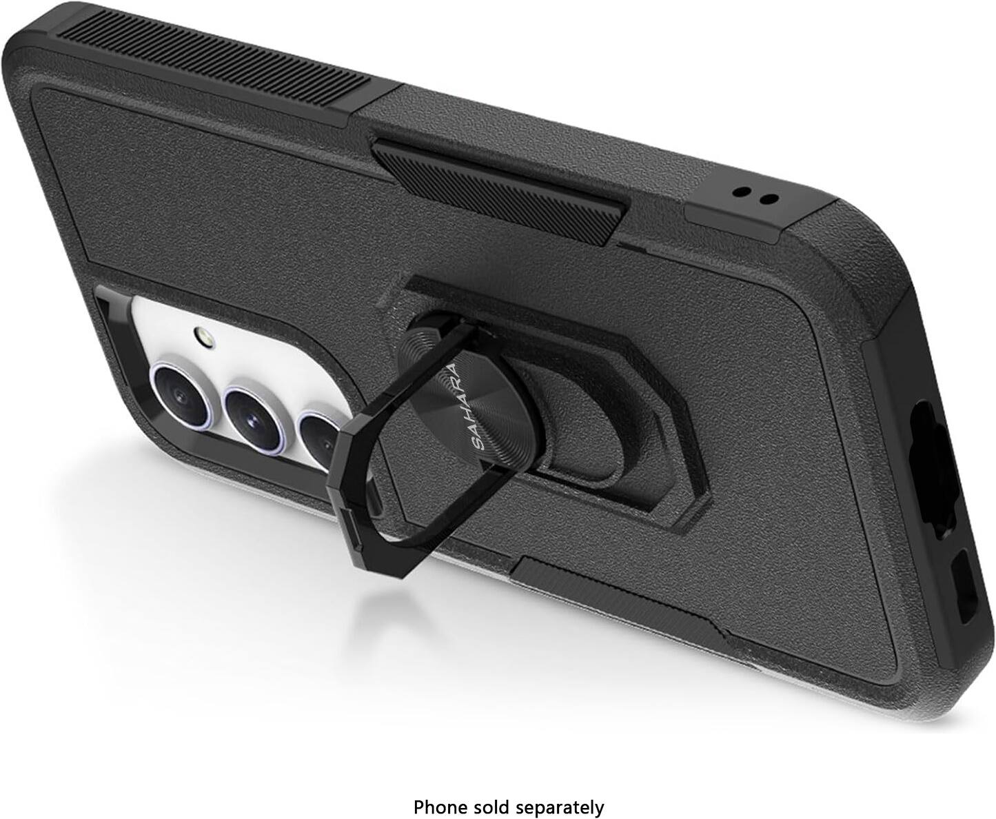 The image features a black cell phone case with a camera attached to it. The case is designed to hold the phone securely, and it is sold separately from the phone itself. The case is designed to provide protection and convenience for the user, allowing them to easily take photos or record videos without having to hold the phone in their hand. The case is compatible with the SAHARA phone, which is not included in the case.