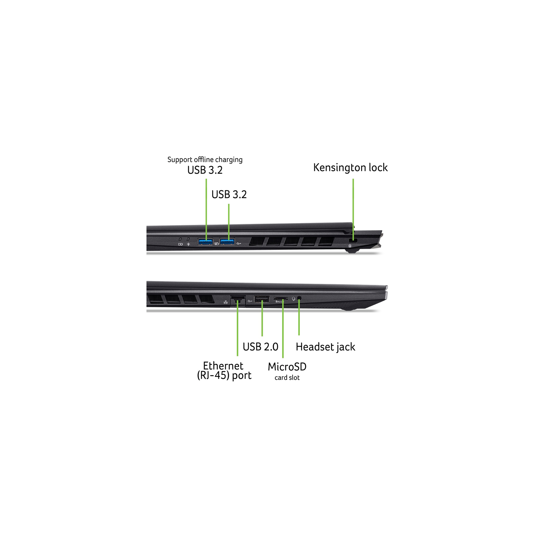 Support offline charging USB 3.2  
Kensington lock  
USB 3.2  
USB 2.0 Headset jack Ethernet (RJ-45) port MicroSD card slot