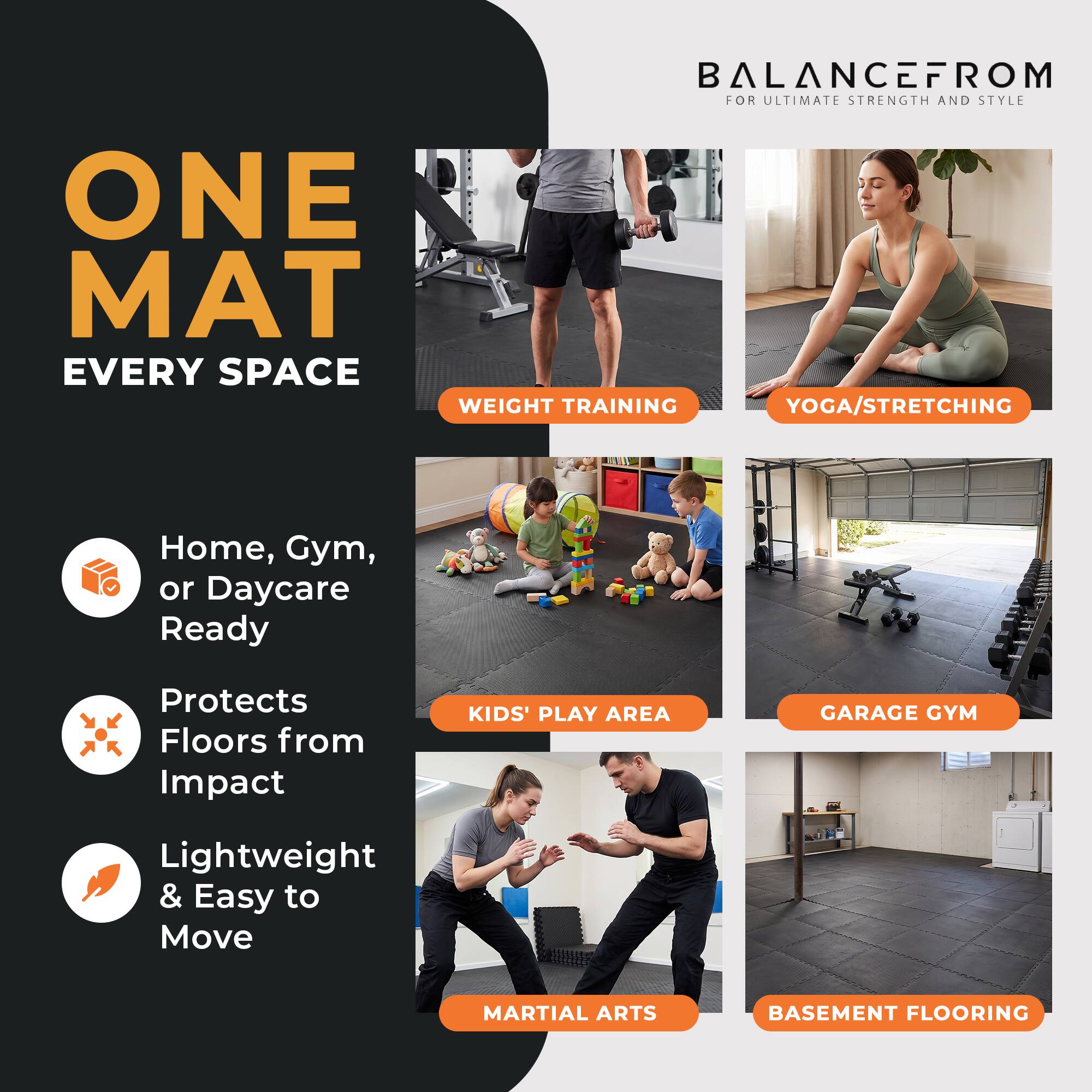 BALANCEFROM FOR ULTIMATE STRENGTH AND STYLE

ONE MAT EVERY SPACE

- WEIGHT TRAINING
- YOGA/STRETCHING
- KIDS' PLAY AREA
- GARAGE GYM
- MARTIAL ARTS
- BASEMENT FLOORING

Home, Gym, or Daycare Ready
Protects Floors from Impact
Lightweight & Easy to Move