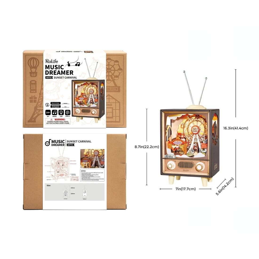 **Rolife Music Dreamer - Sunset Carnival**

**Model: Sunset Carnival**

**Size:**
- Height: 8.7in (22.2cm)
- Width: 16.3in (41.4cm)
- Depth: 5.6in (14.2cm)

**Features:**
- 14 pieces
- 16 colors
- 100% ABS plastic
- Not for children under 3 years

**Warning:**
- Not for children under 3 years

**Details:**
- TV model: Sunset Carnival
- Size: 8.7in (22.2cm) x 16.3in (41.4cm) x 5.6in (14.2cm)
- Weight: 1.3 lbs

**Notes:**
- For more information, visit [website URL]
- For customer service, contact [contact information]

**Model: Sunset Carnival**

**Size:**
- Height: 8.7in (22.2cm)
- Width: 16.3in (41.4cm)
- Depth: 5.6in (14.2cm)

**