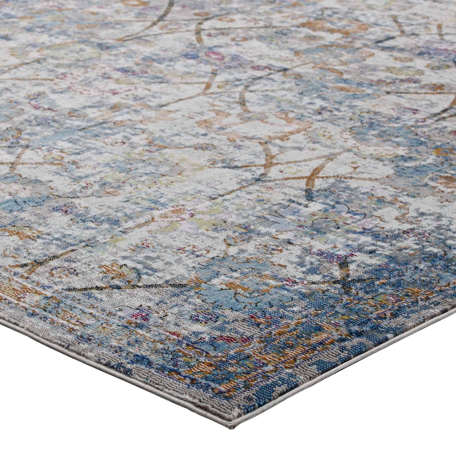 Alt View 2. Modway - Minu Distressed Floral Lattice Area Rug - Light Blue Yellow and Orange.