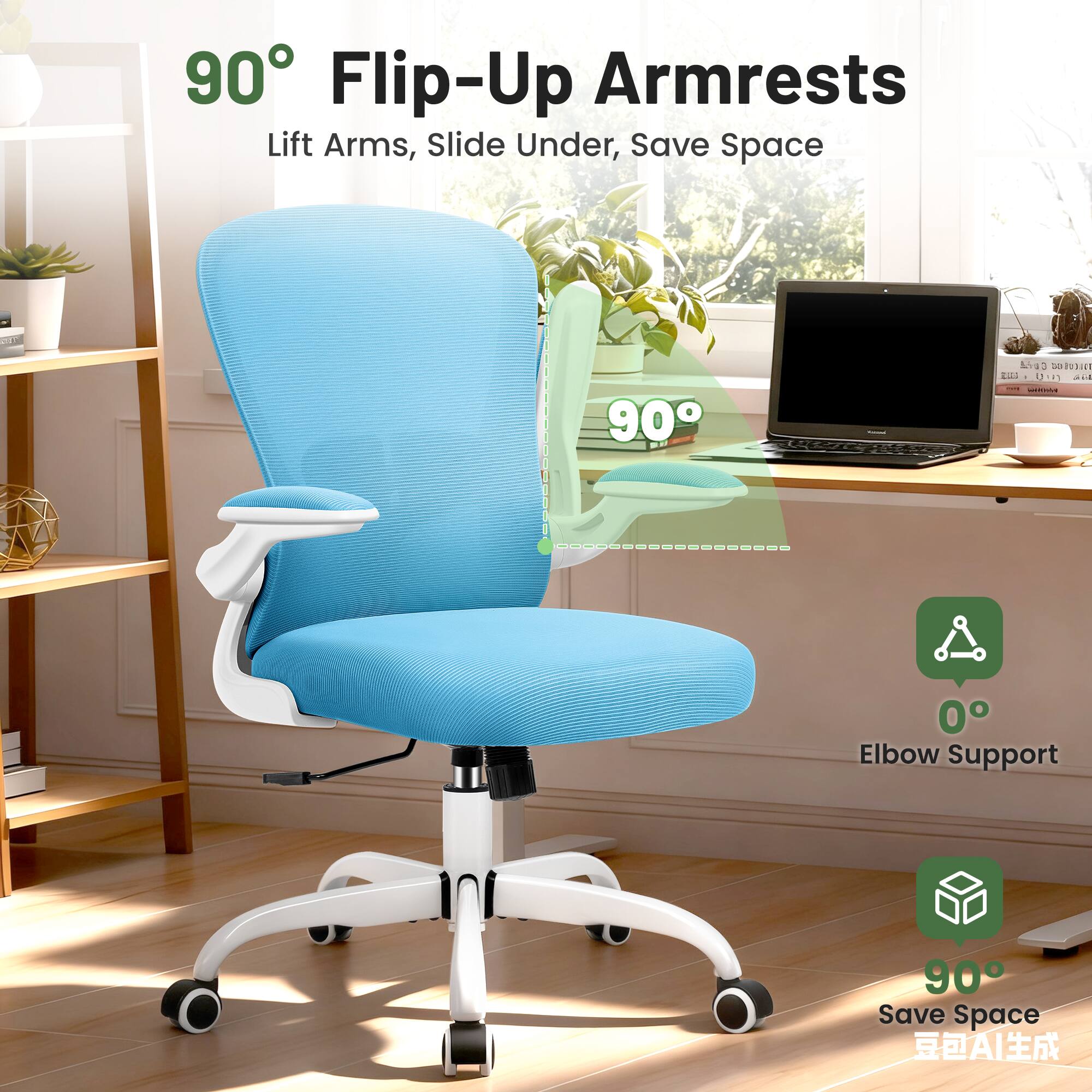 90° Flip-Up Armrests  
Lift Arms, Slide Under, Save Space  

90°  
Elbow Support  

0°  
Save Space