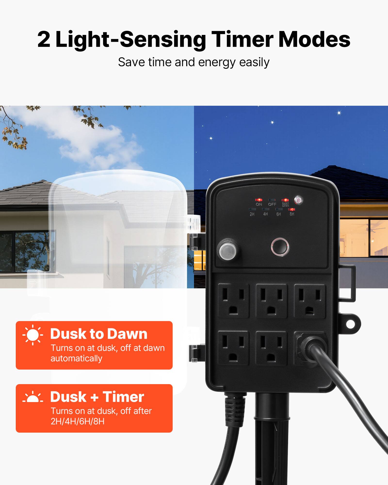 2 Light-Sensing Timer Modes  
Save time and energy easily

1. ON  
   OFF  
   2H  
   4H  
   6H  
   8H

2. Dusk to Dawn  
   Turns on at dusk, off at dawn automatically

3. Dusk + Timer  
   Turns on at dusk, off after 2H/4H/6H/8H