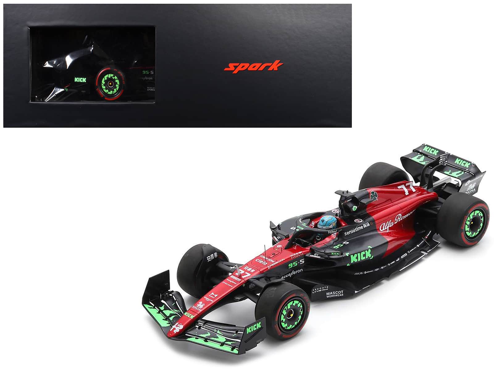 Spark - Alfa Romeo C43 #77 Valtteri Bottas F1 Team KICK Formula One F1 Belgian GP (2023) and Acrylic Display Case 1/18 Model Car - Multicolor