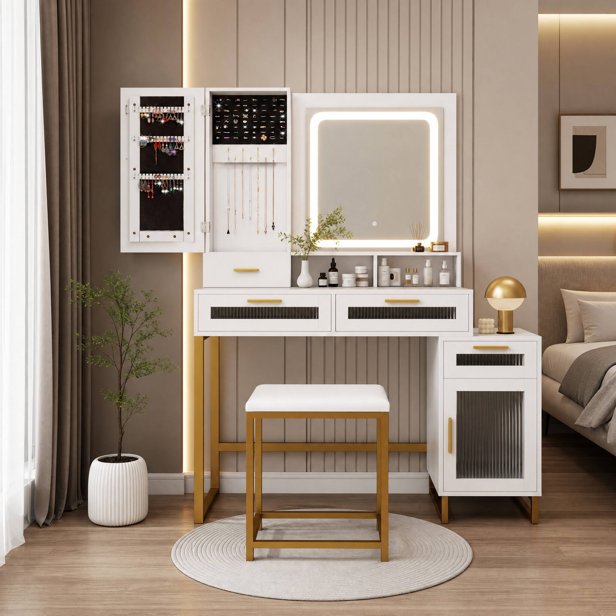 Angle. WELLFOR - Makeup Vanity Desk with 3 Color Lighted Mirror & Charging Station ,Dressing Table with Jewelry Cabinet and Padded Stool - White.