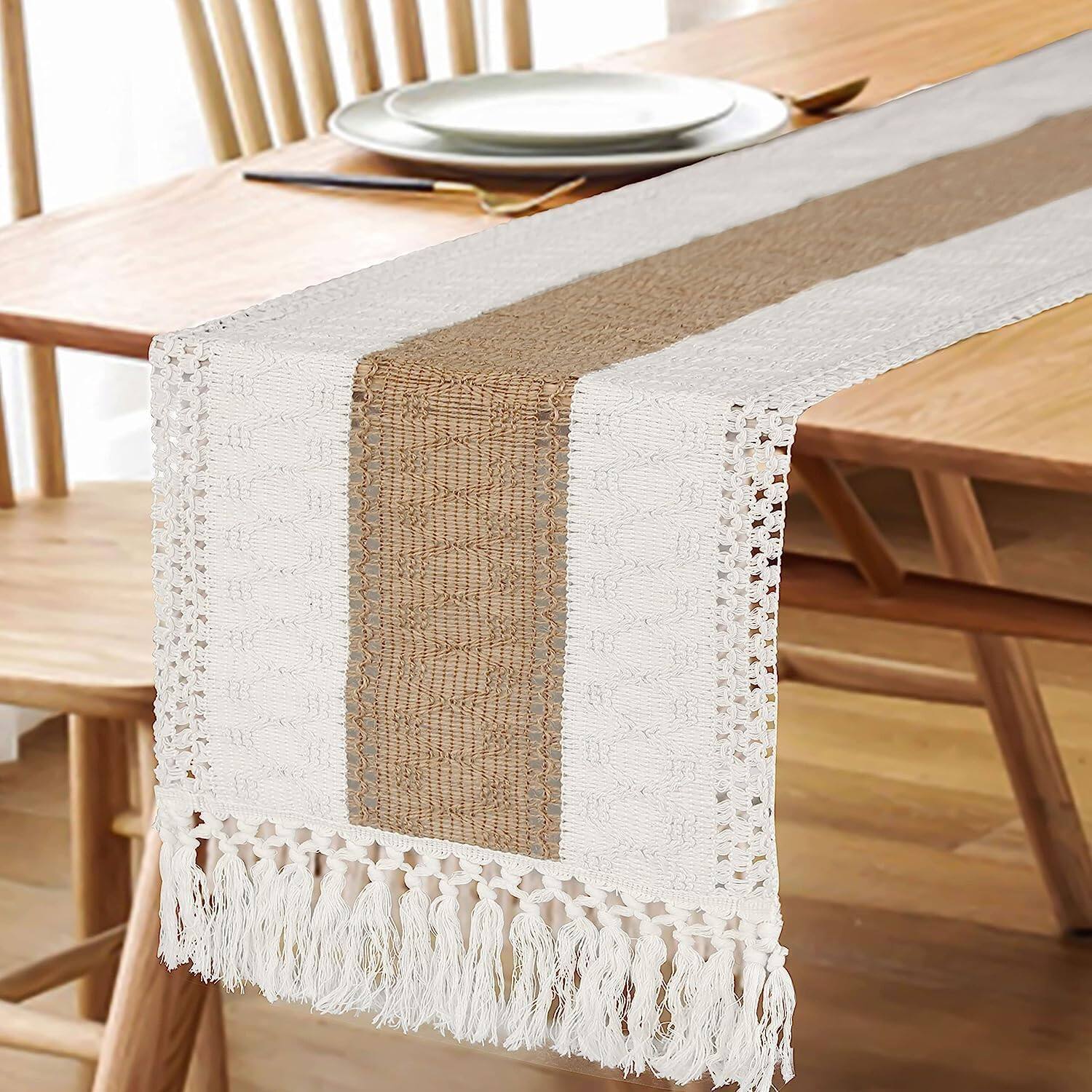 Alt View 5. Paradigms Interiors - Boho Table Runner For Fall Thanksgiving Home Decor With Tassels Long Pottery Barn Furniture Farmhouse Rusti... - White & Brown-12x72".