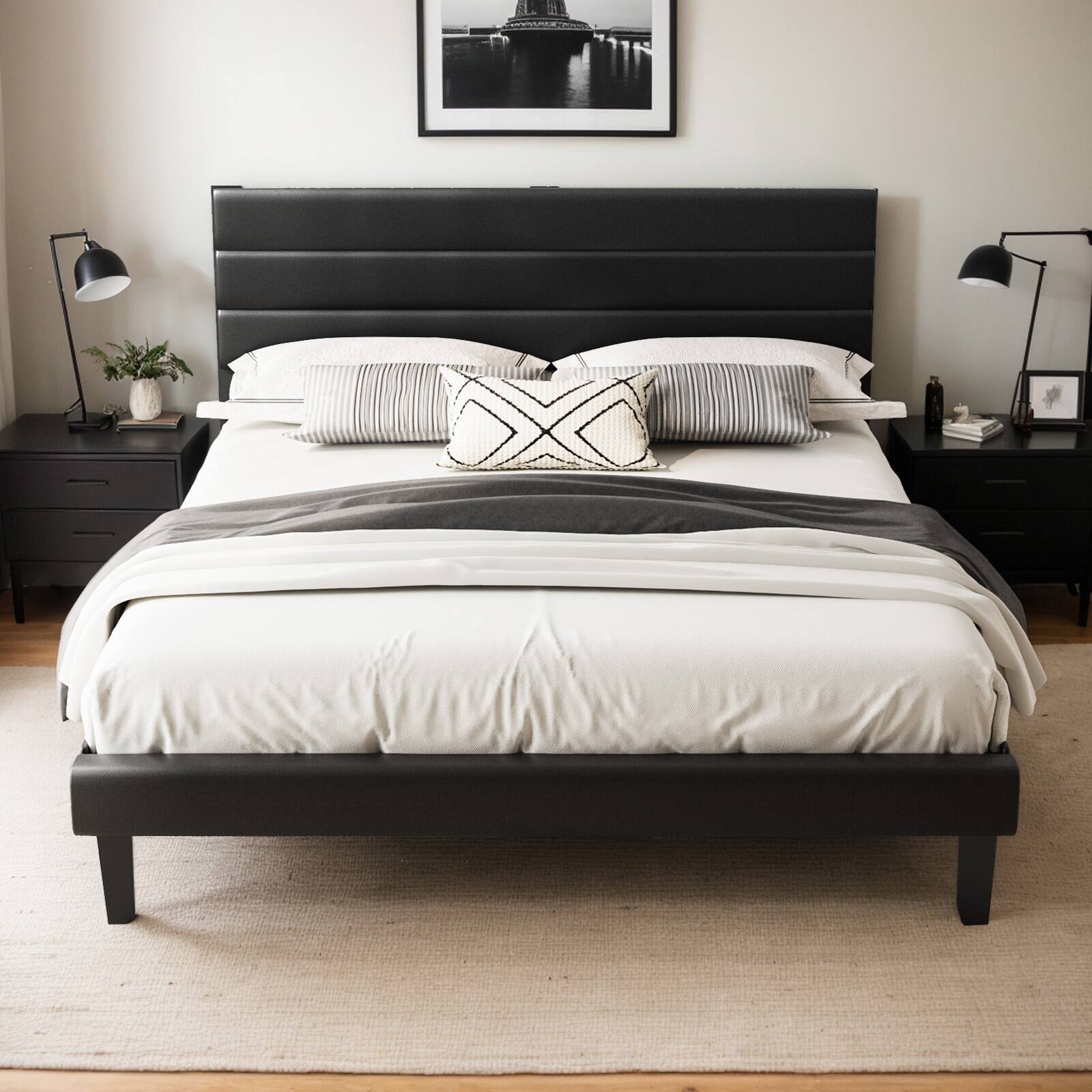 Front. Winado - Queen Size Faux Leather Platform Bed Frame with Adjustable Headboard Heavy Duty Wood Slats Support No Box Spring Needed - PU Black.