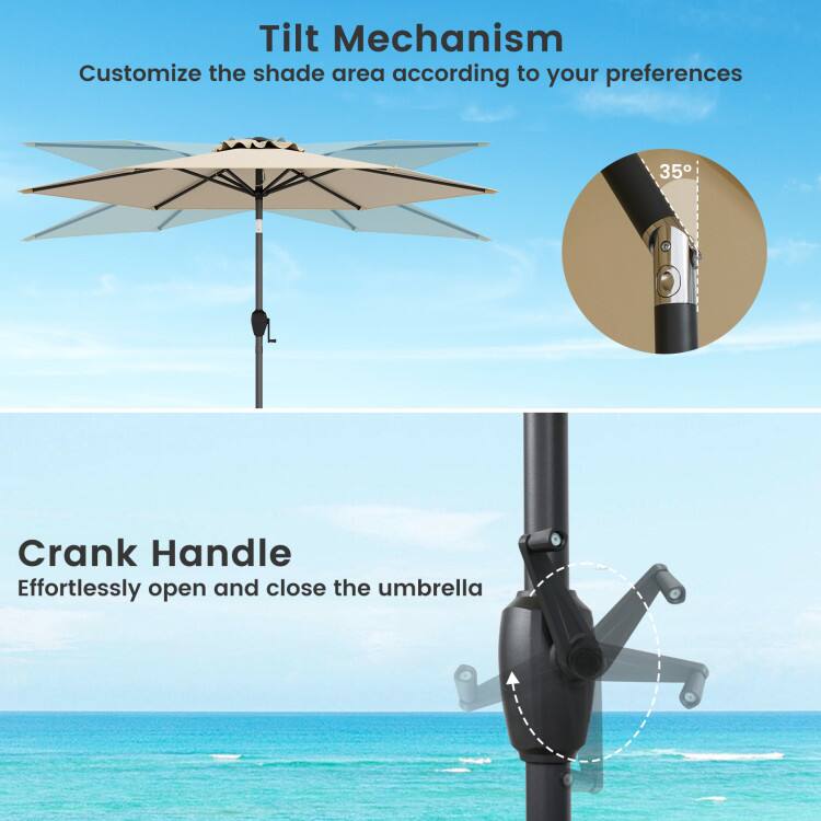 Tilt Mechanism  
Customize the shade area according to your preferences  

35°  

Crank Handle  
Effortlessly open and close the umbrella