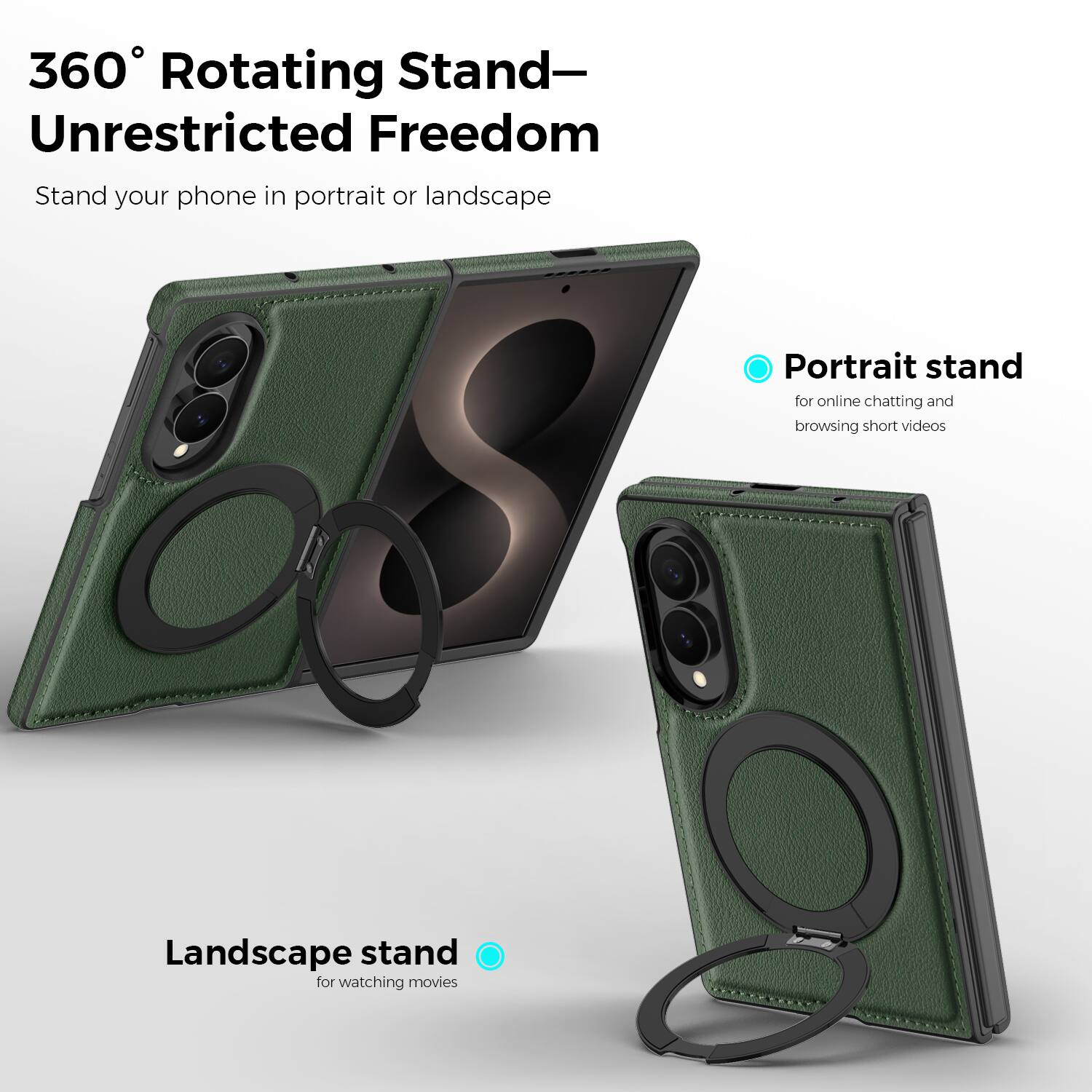 360° Rotating Stand—Unrestricted Freedom

Stand your phone in portrait or landscape

Portrait stand for online chatting and browsing short videos

Landscape stand for watching movies
