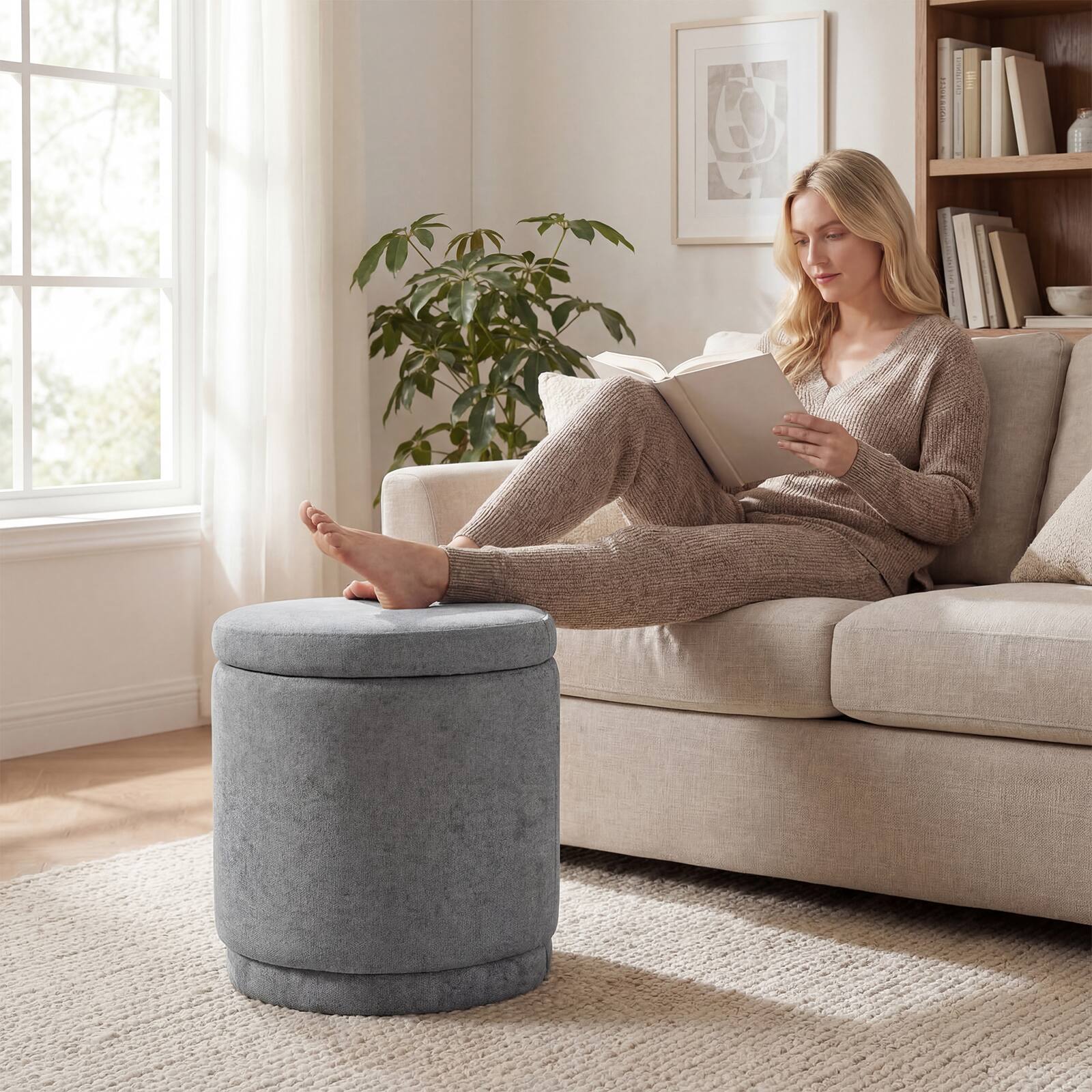 Alt View 1. Costway - Costway Round Storage Ottoman Foot Rest with Removable Lid 400 LBS Weight Capacity for Home - Gray.