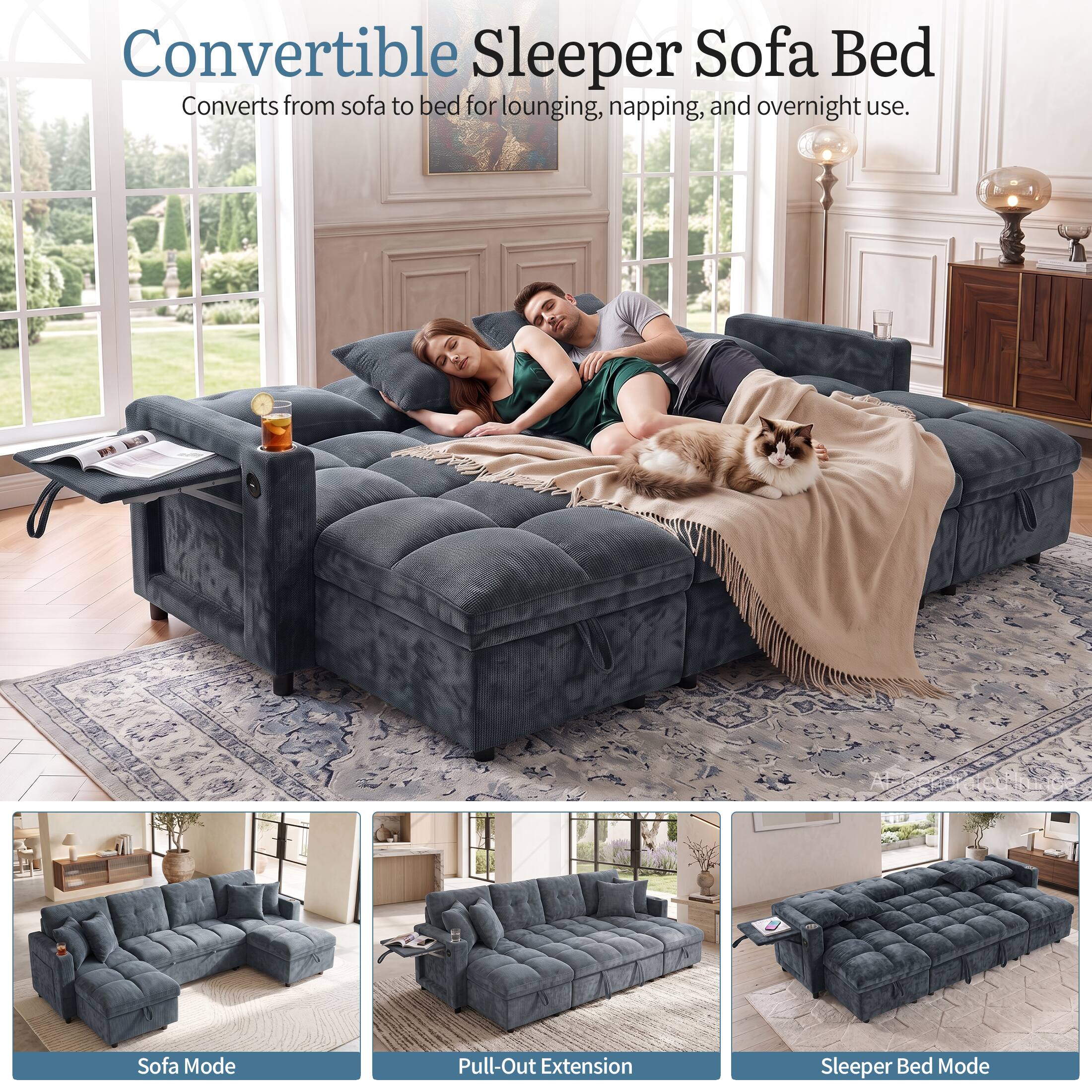 Convertible Sleeper Sofa Bed  
Converts from sofa to bed for lounging, napping, and overnight use.

Sofa Mode  
Pull-Out Extension  
Sleeper Bed Mode