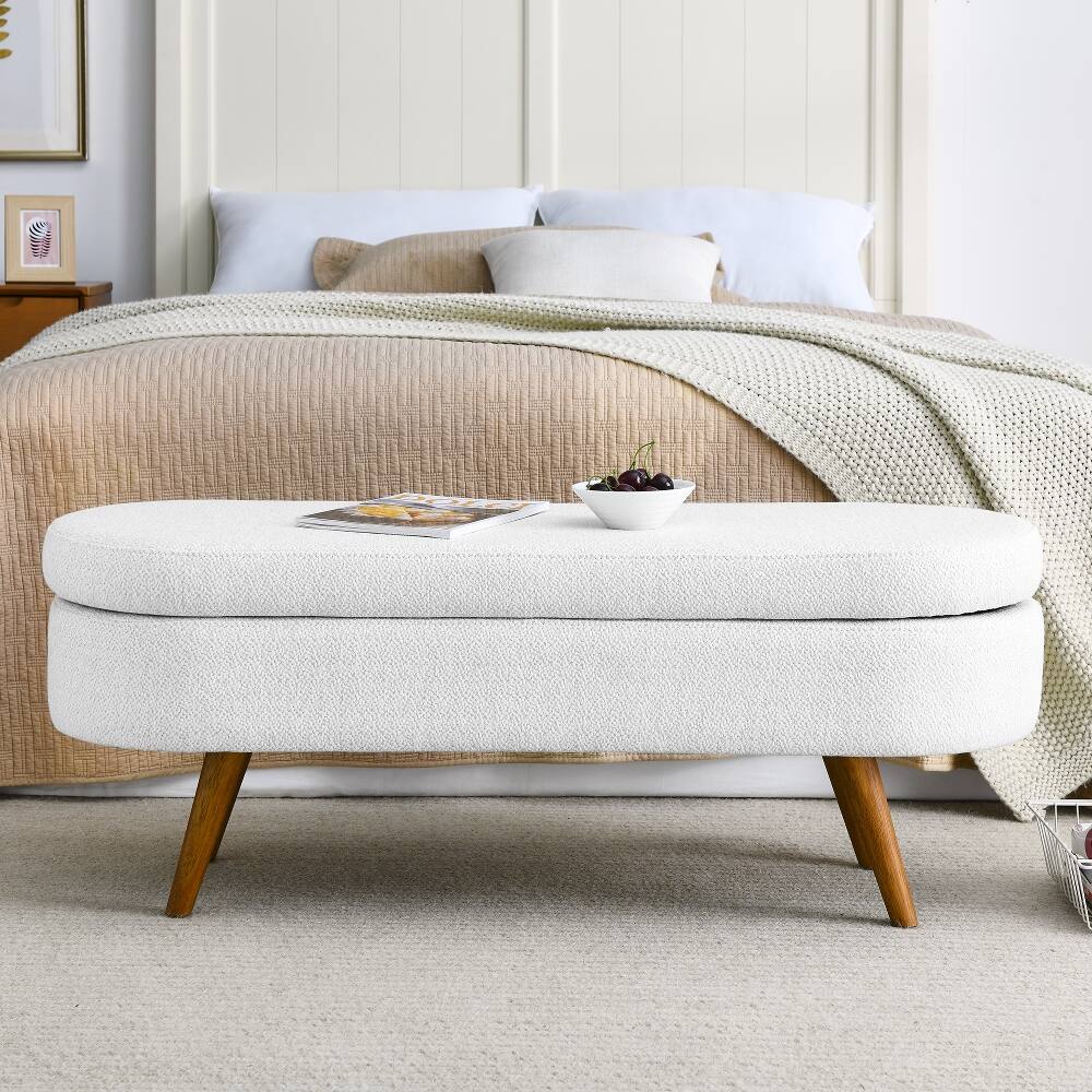 Alt View 1. Ropilly - Ropilly White Oval Storage Bench Upholstered Linen Ottoman Seat with Rubber Wood Legs - White.