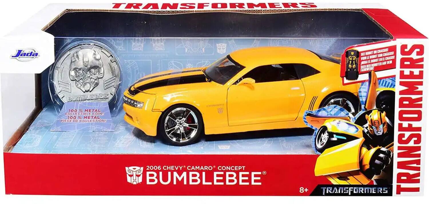 Jada  
TRANSFORMERS  

BUMBLEBEE  
2006 CHEVY CAMARO CONCEPT  

100% METAL  
100% METAL PIECE DE COLLECTION  

8+  

TRANSFORMERS