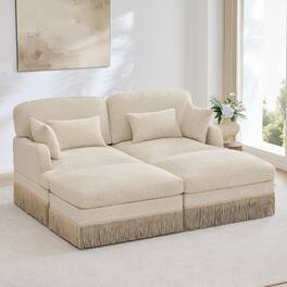 Anysun - Modular Comfy Leopard Printing Loveseat with Exquisite Tassel Trimmings and 2 Movable Ottomans - Beige