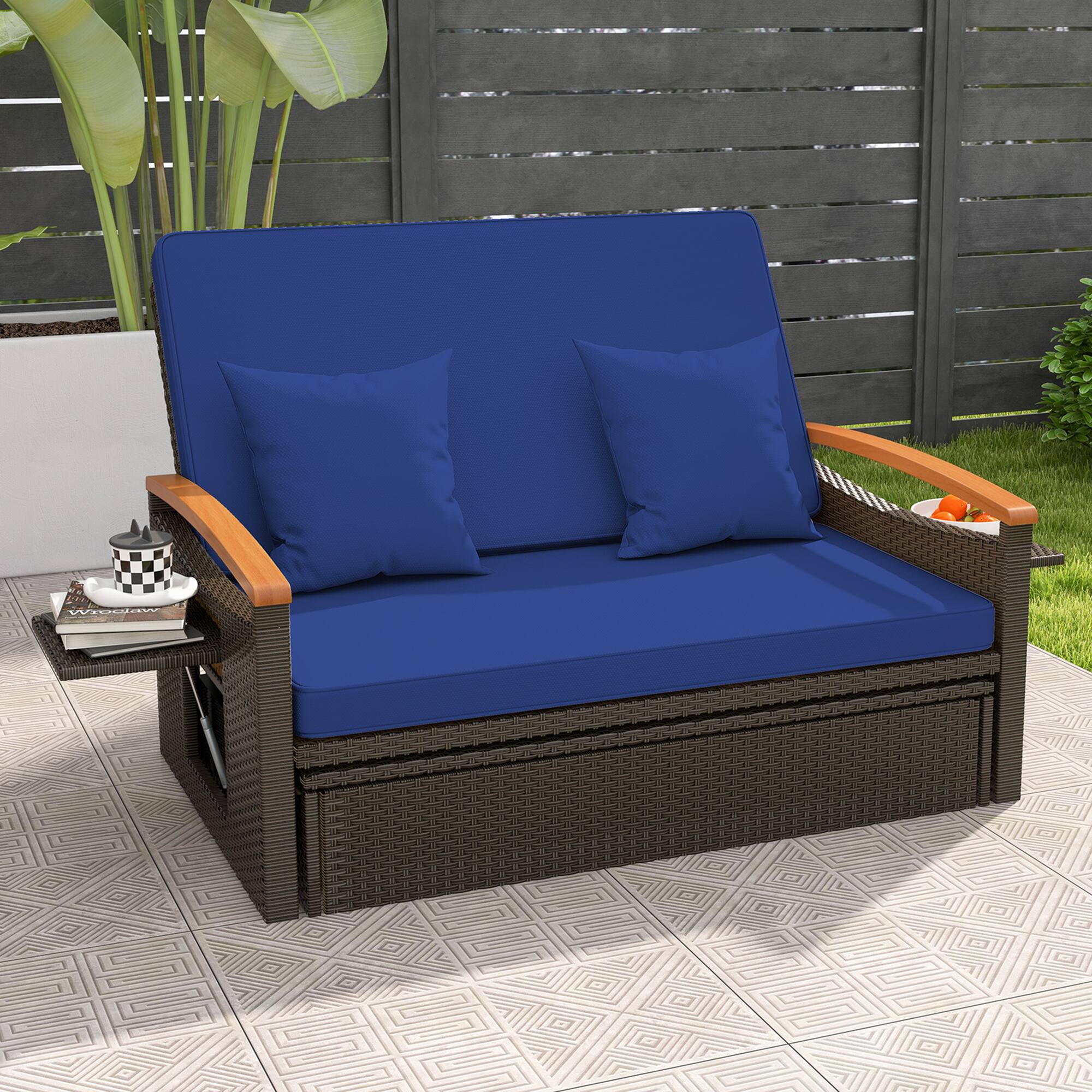 Alt View 1. Gymax - Gymax Outdoor Wicker Daybed Patio Loveseat & Storage Ottoman Set w/ Navy Cushions - Navy.