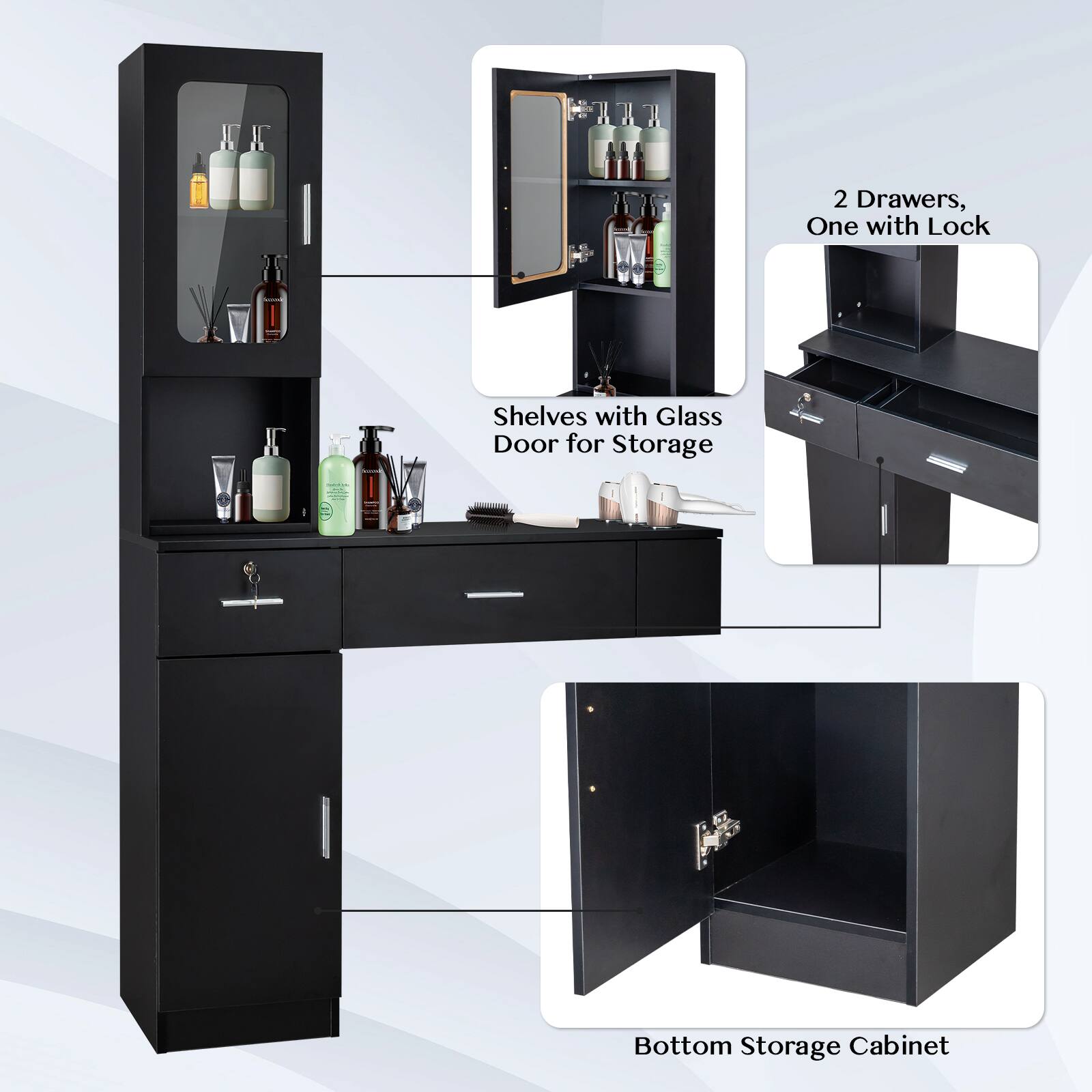 NX 2 Drawers, One with Lock, GOED Shelves with Glass Door for Storage | L Bottom Storage Cabinet