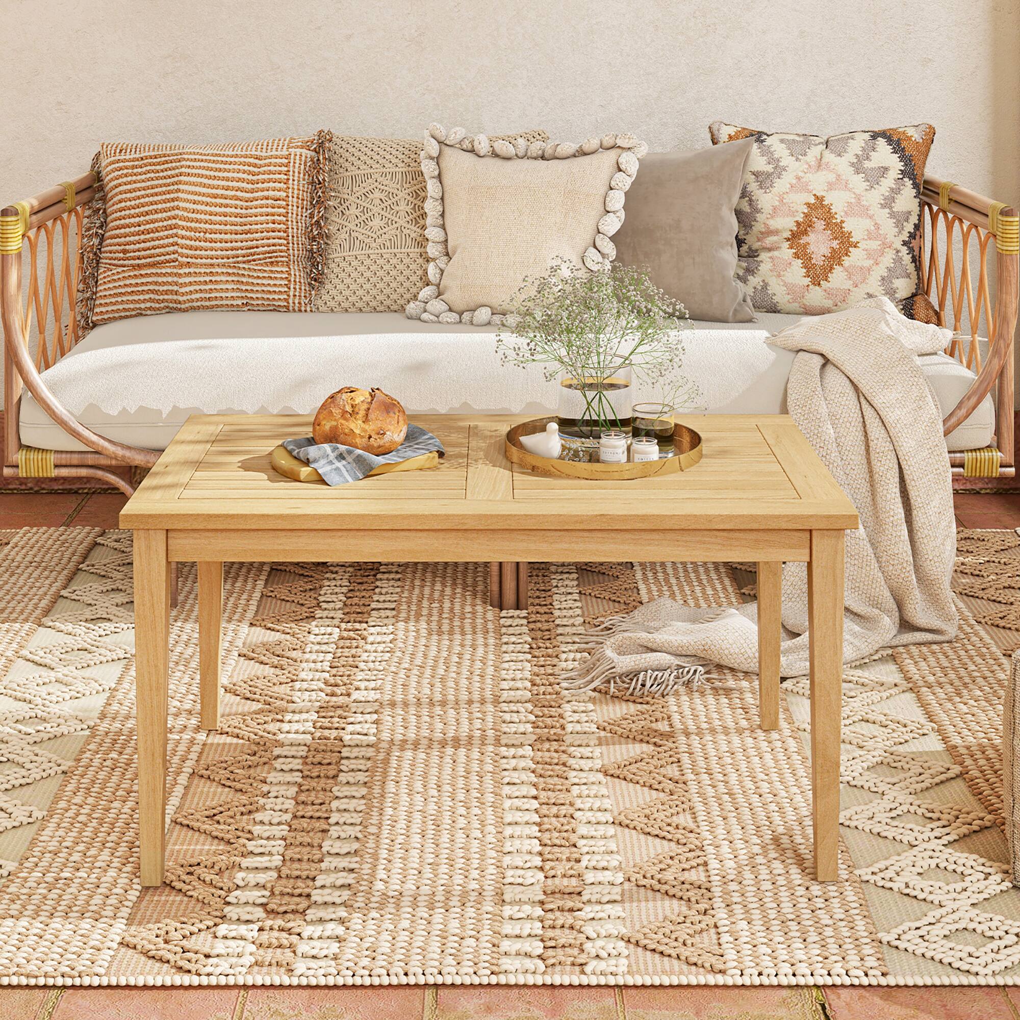 Alt View 4. Gymax - Gymax 35.5''x20'' Outdoor Teak Wood Coffee Table w/ Slatted Tabletop Patio Furniture - Natural.