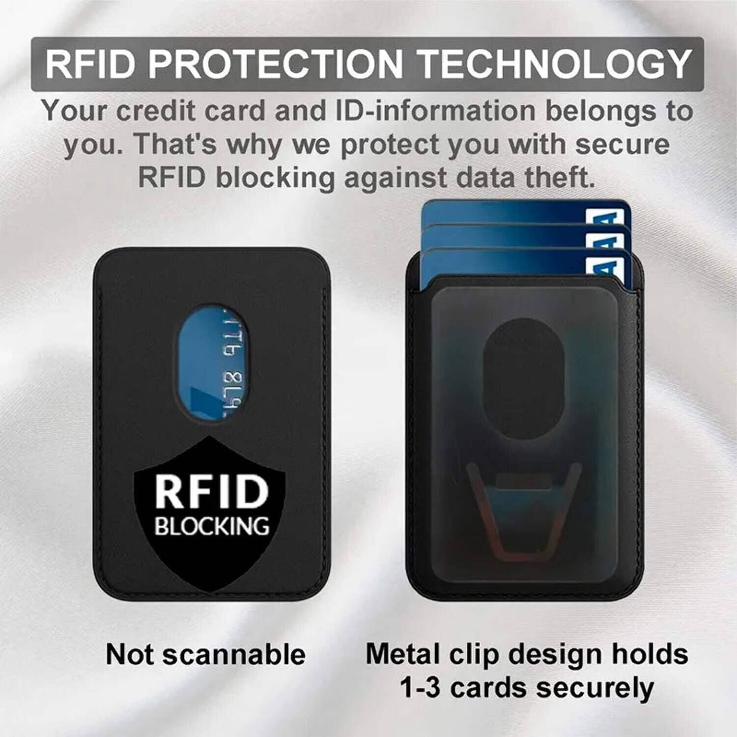 RFID PROTECTION TECHNOLOGY

Your credit card and ID-information belongs to you. That's why we protect you with secure RFID blocking against data theft.

RFID BLOCKING

Not scannable

Metal clip design holds 1-3 cards securely