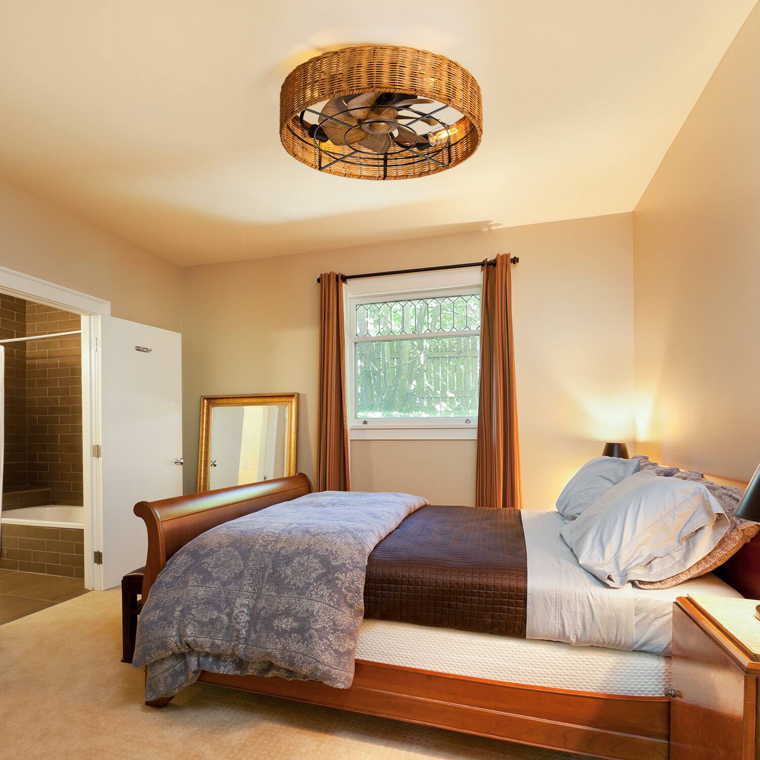 Alt View 6. Breezary - 19" Indoor Caged Rattan Ceiling Fan with LED Light, 7 ABS Blades, 6-Speed DC Motor, Remote Control with Timer - Matte Black and Brown.