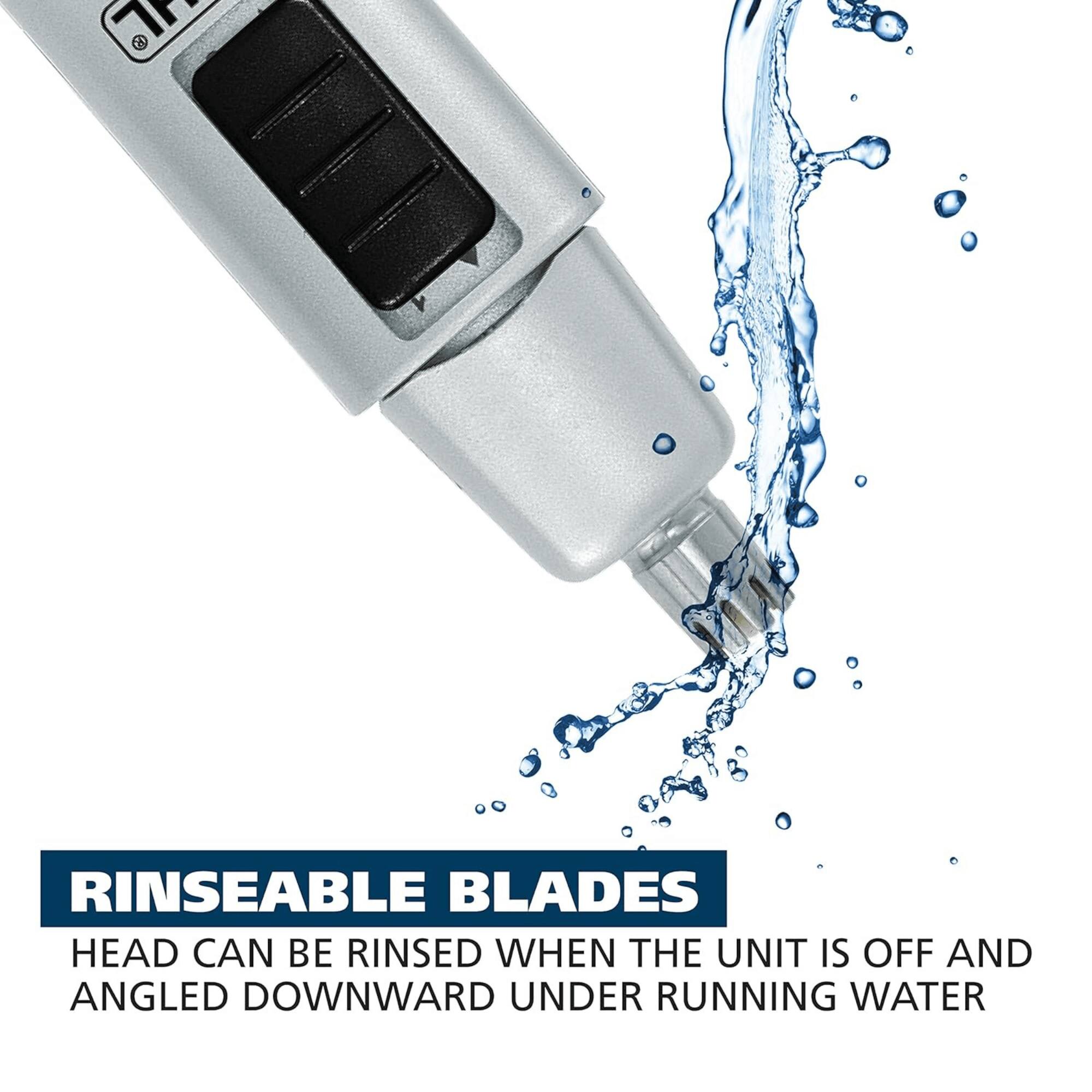RINSEABLE BLADES
HEAD CAN BE RINSED WHEN THE UNIT IS OFF AND ANGLED DOWNWARD UNDER RUNNING WATER