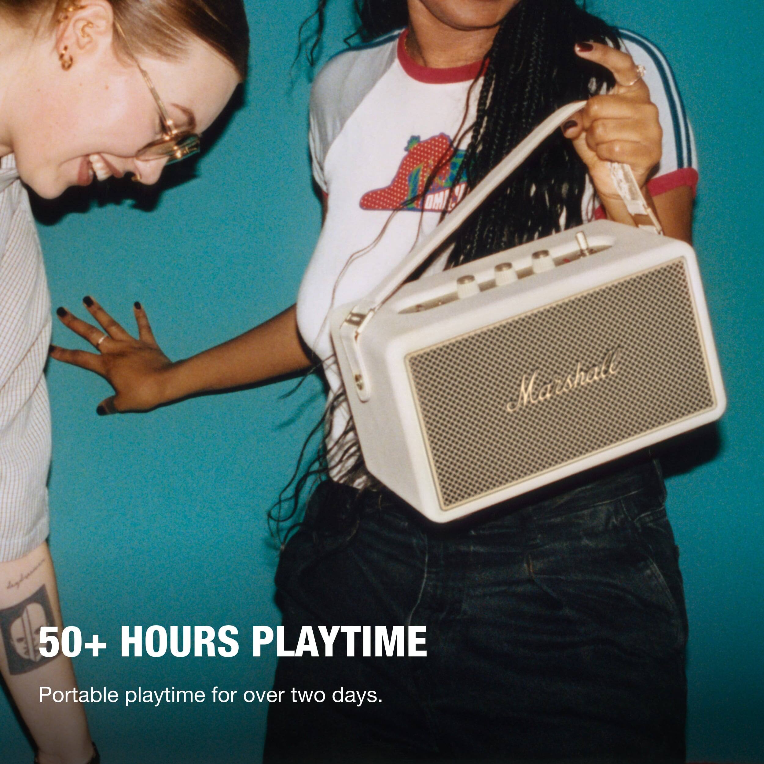 The text on the image reads: "50+ HOURS PLAYTIME Portable playtime for over two days."