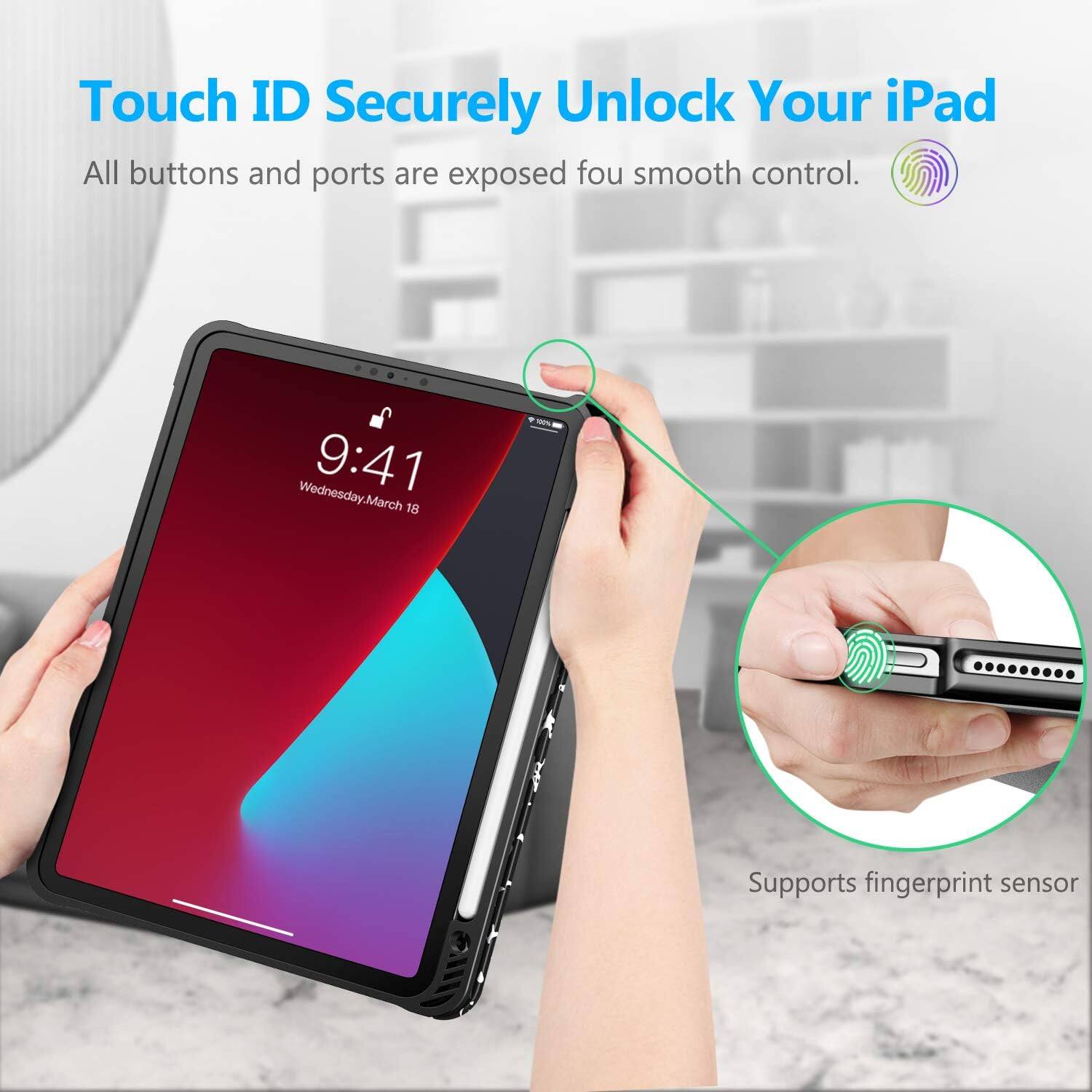 Touch ID Securely Unlock Your iPad  
All buttons and ports are exposed for smooth control.  

Wednesday, March 9:41 18:00  
Supports fingerprint sensor