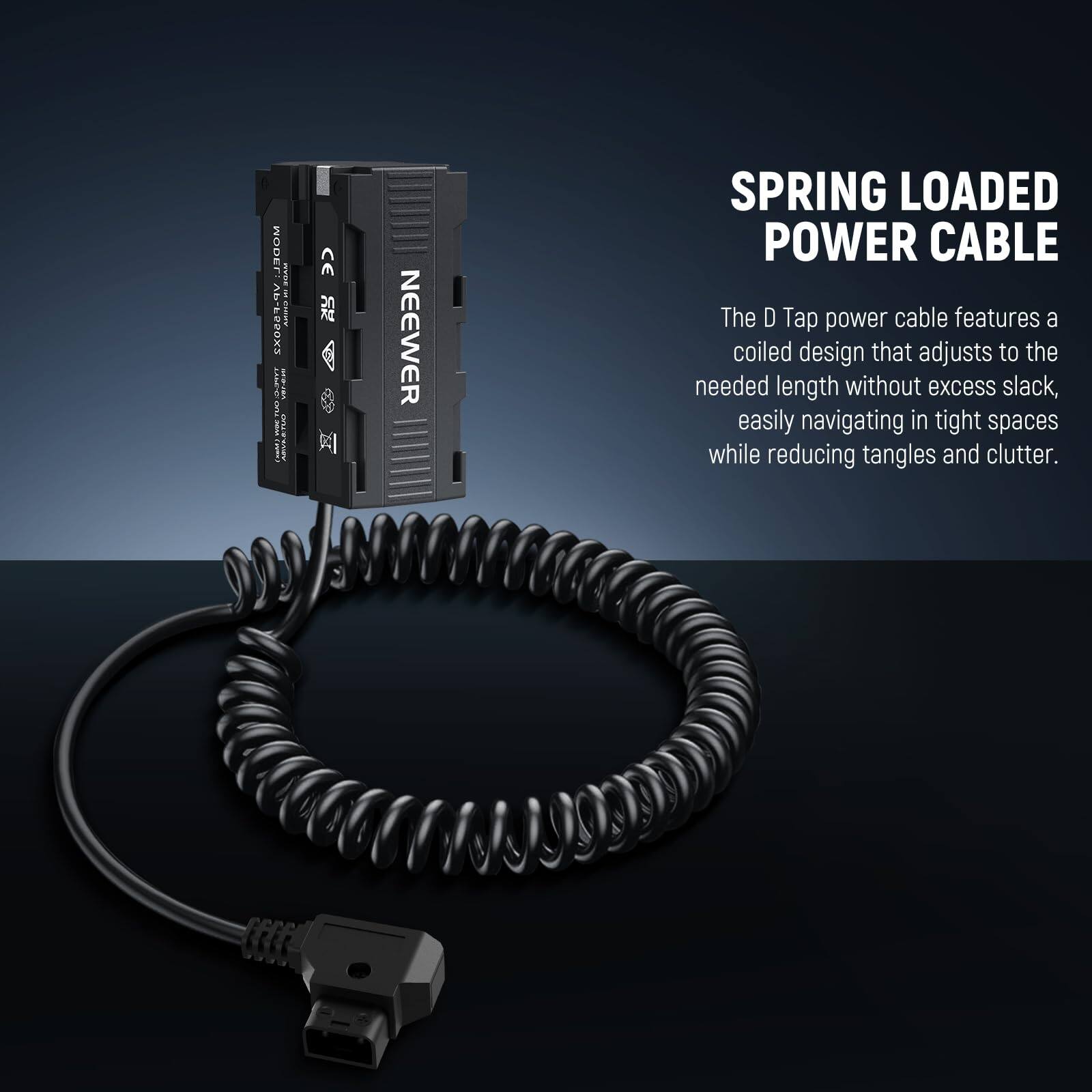 MODEL: I AbhUPoxs i I I I .. I CE (NEEWER SPRING LOADED POWER CABLE

The D Tap power cable features a coiled design that adjusts to the needed length without excess slack, easily navigating in tight spaces while reducing tangles and clutter.