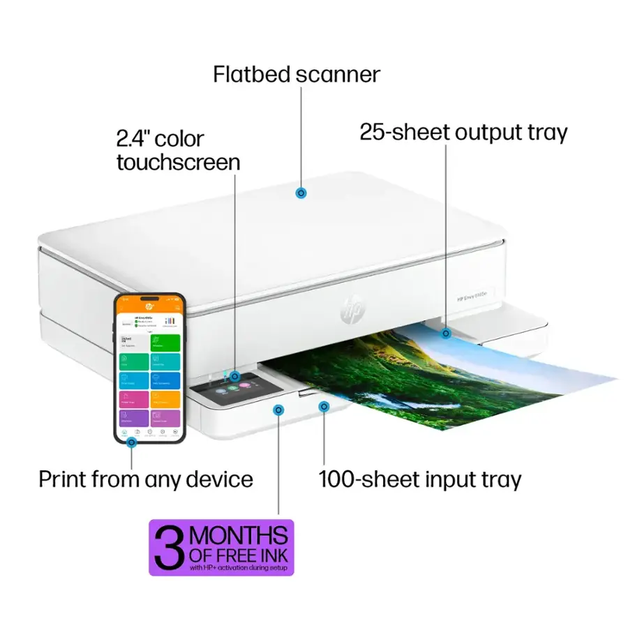Flatbed scanner with a 2.4" color touchscreen, 25-sheet output tray, and 100-sheet input tray. Print from any device with HP+ and get 3 months of free ink during setup.