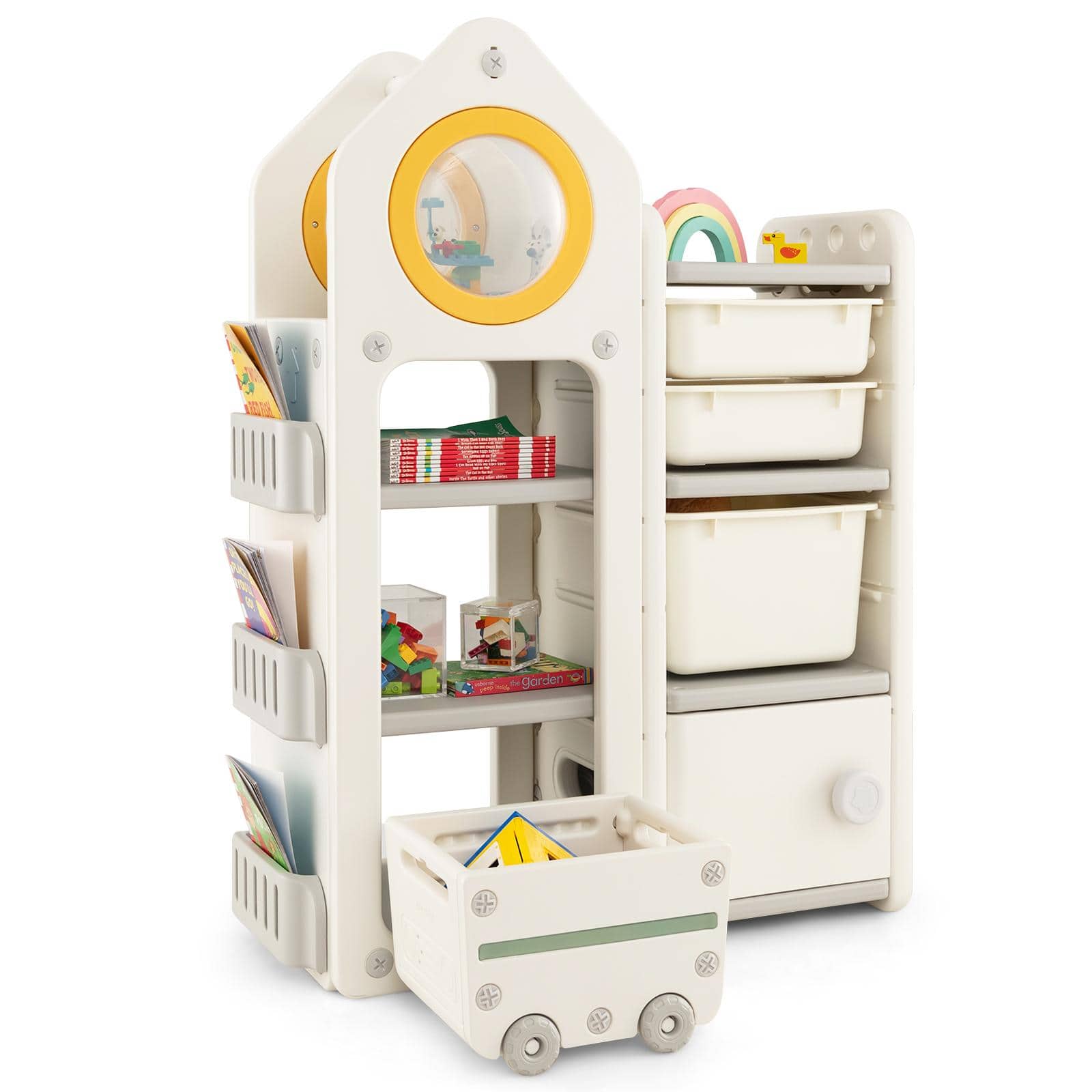 Gymax - Kids Toy Storage Organizer Multipurpose Bookshelf w/ Cabinets & Mobile Trolley - Beige