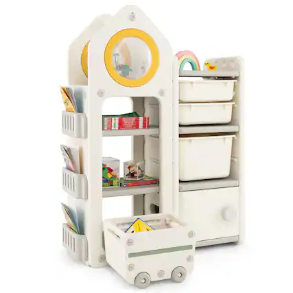 Front. Gymax - Gymax Kids Toy Storage Organizer Multipurpose Bookshelf w/ Cabinets & Mobile Trolley - Beige.