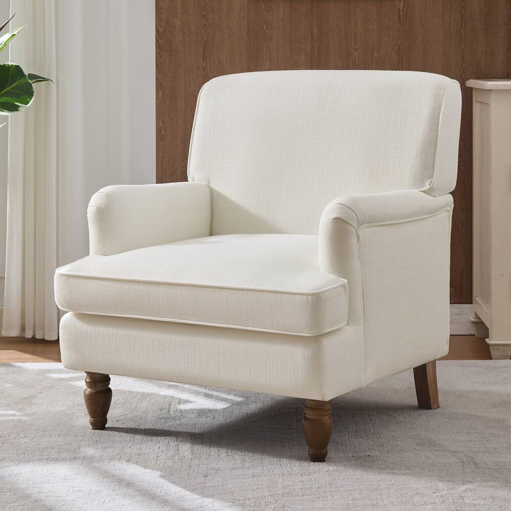 Front. PDTEND - Vintage Upholstered Linen Fabric Armchair with Antique Solid Wood Legs for Living Room, Bedroom - Cream.